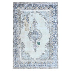 Misty Blue Vintage Persian Kerman Sheared Thin Hand Knotted Wool Rug