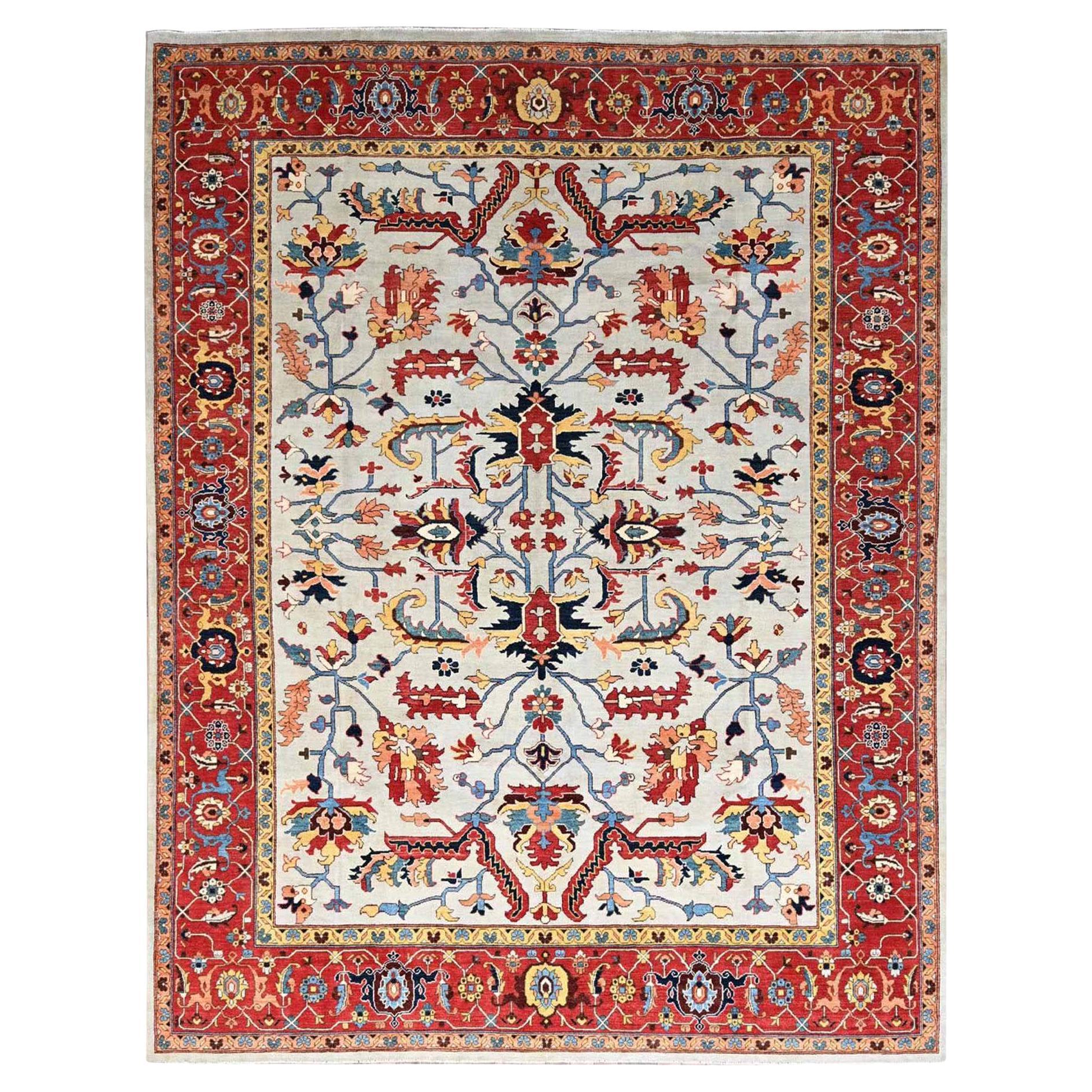 Misty Gray Afghan Serapi Heriz Hand Knotted Pure Wool Oriental Rug 10'3" x 13'6"