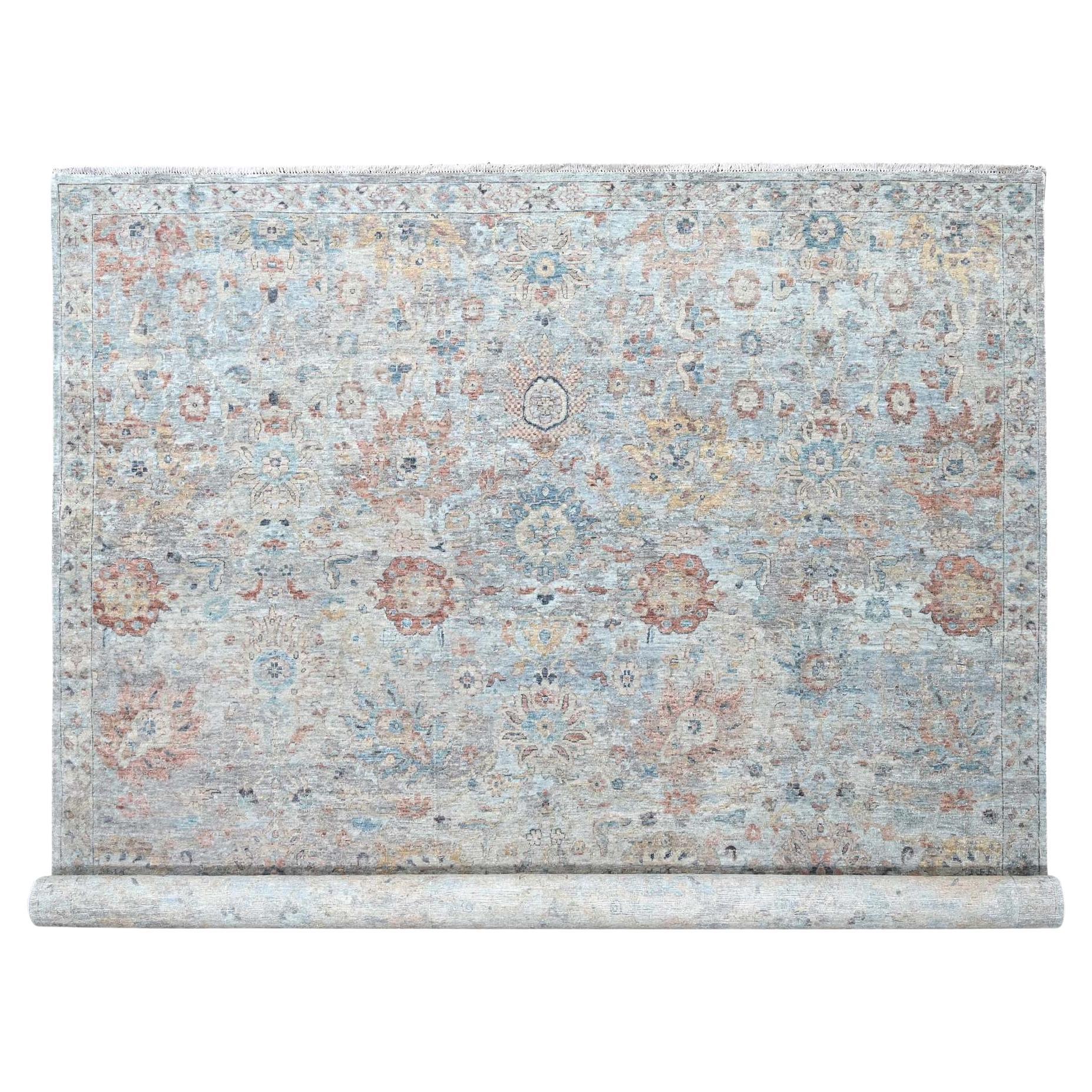Gris Niebla Anudada a Mano Motivos de Gul Caucásico Pelo Cero Todo Alfombra de Lana 9'10 "x13'10