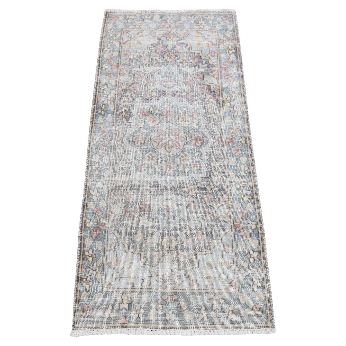 Misty Gray, Pure Wool, Vintage Persian Kerman, Hand Knotted, Mat Oriental Rug For Sale