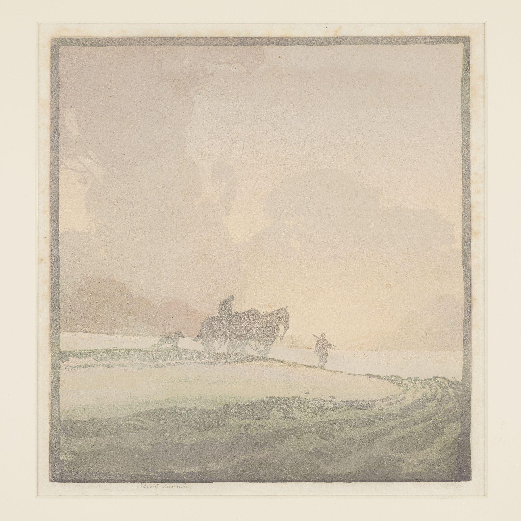Linocut print on paper of a warm, pastoral evening landscape rendered in soft shades of green, brown, and purple. Archival mounted under UV glass and framed.

Numbered and dated in graphite, LL: No. (illegible) - 100 (date obscured) Misty