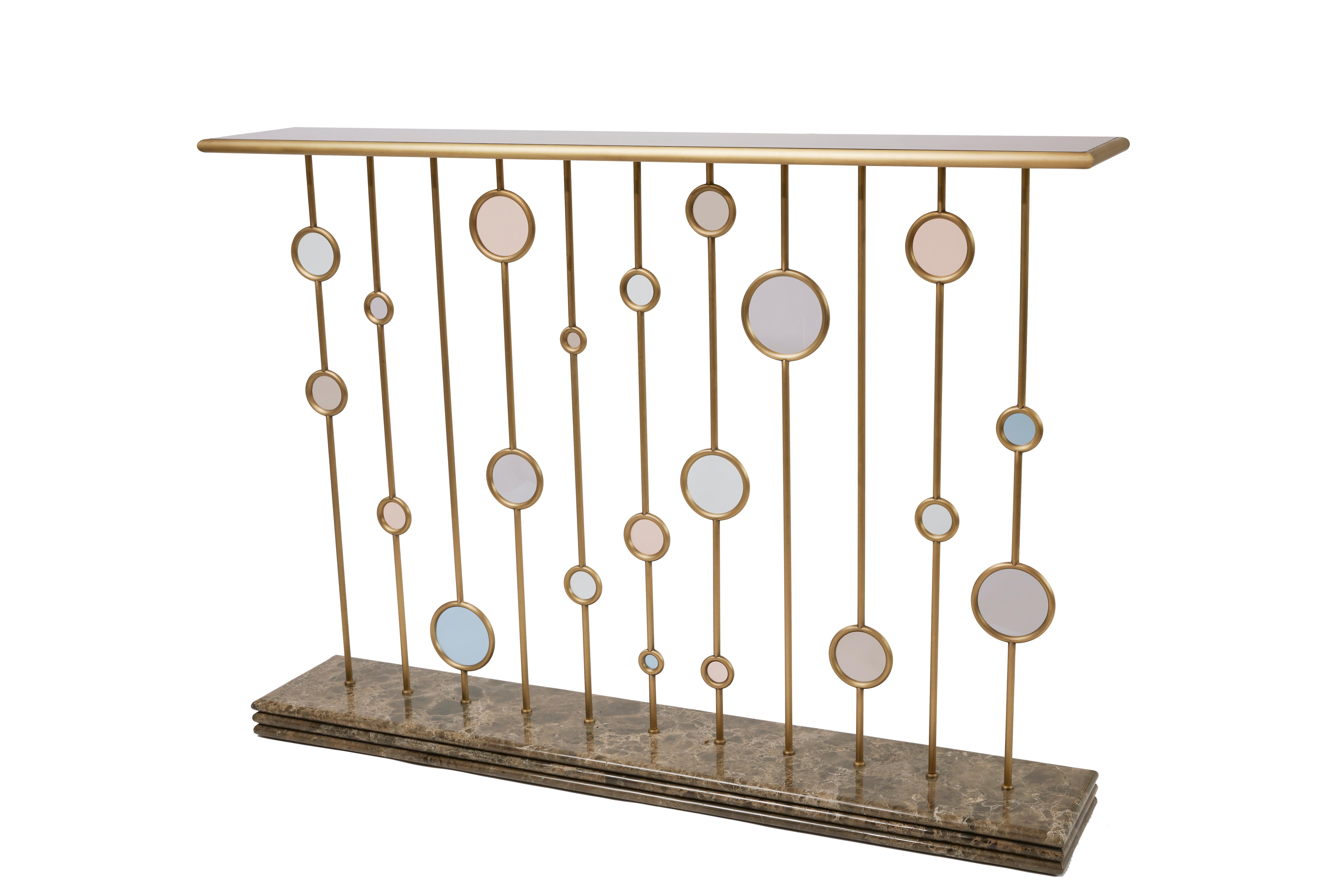 Contemporary Handcrafted Console/Fire Screen by BelBar Studio Brass Glass Marble For Sale