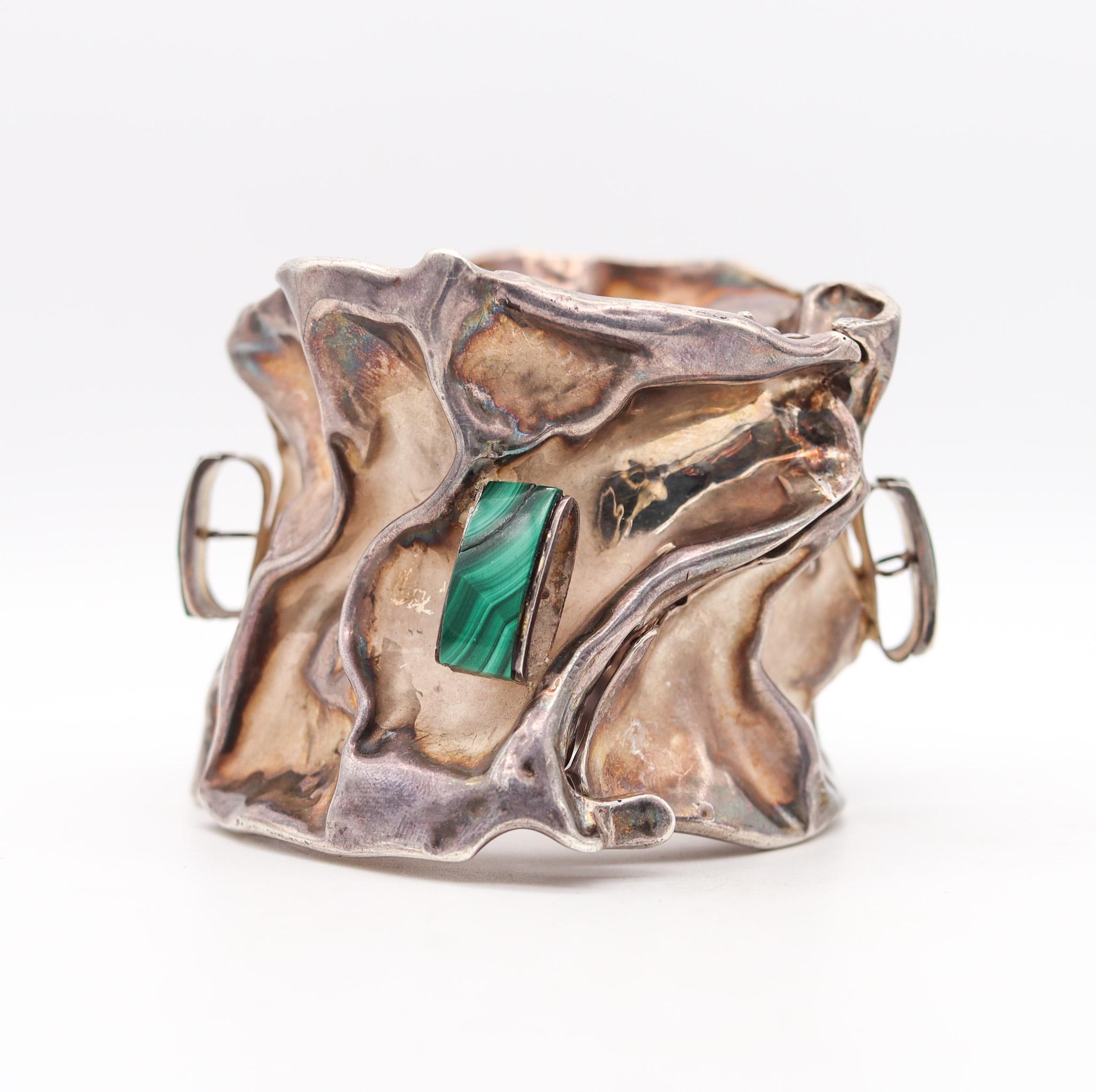 Modernist Misty Taylor 1970 Taxco Organic Bangle In .980 Sterling Silver With Malachite For Sale