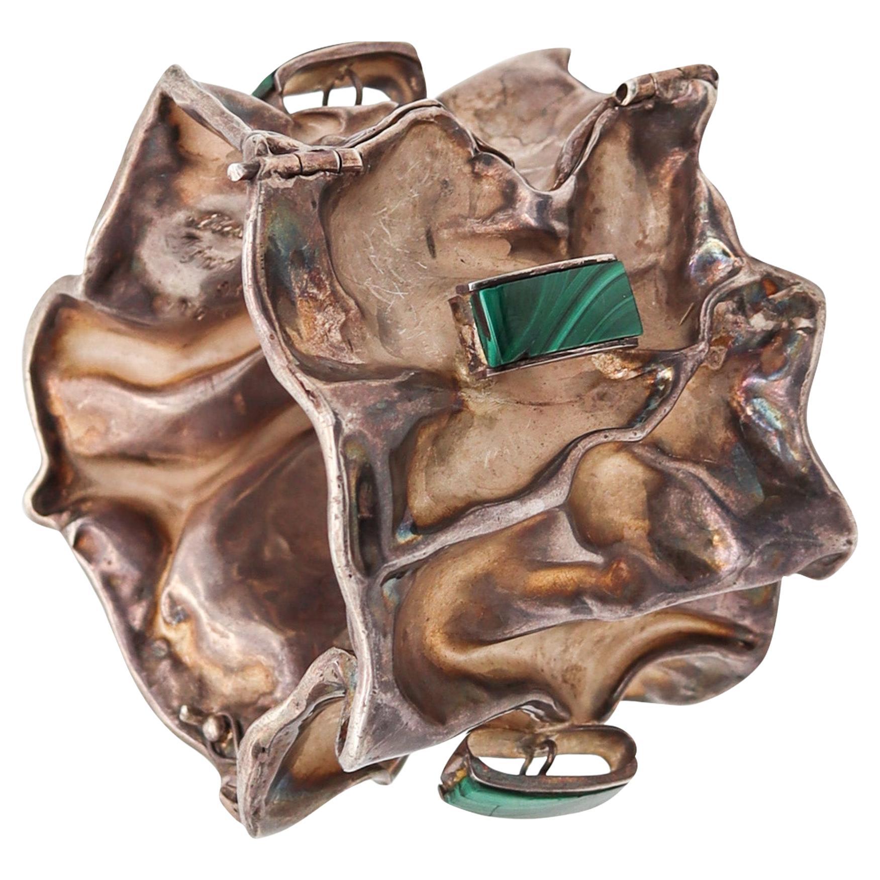 Misty Taylor 1970 Taxco Organic Bangle In .980 Sterling Silver With Malachite For Sale