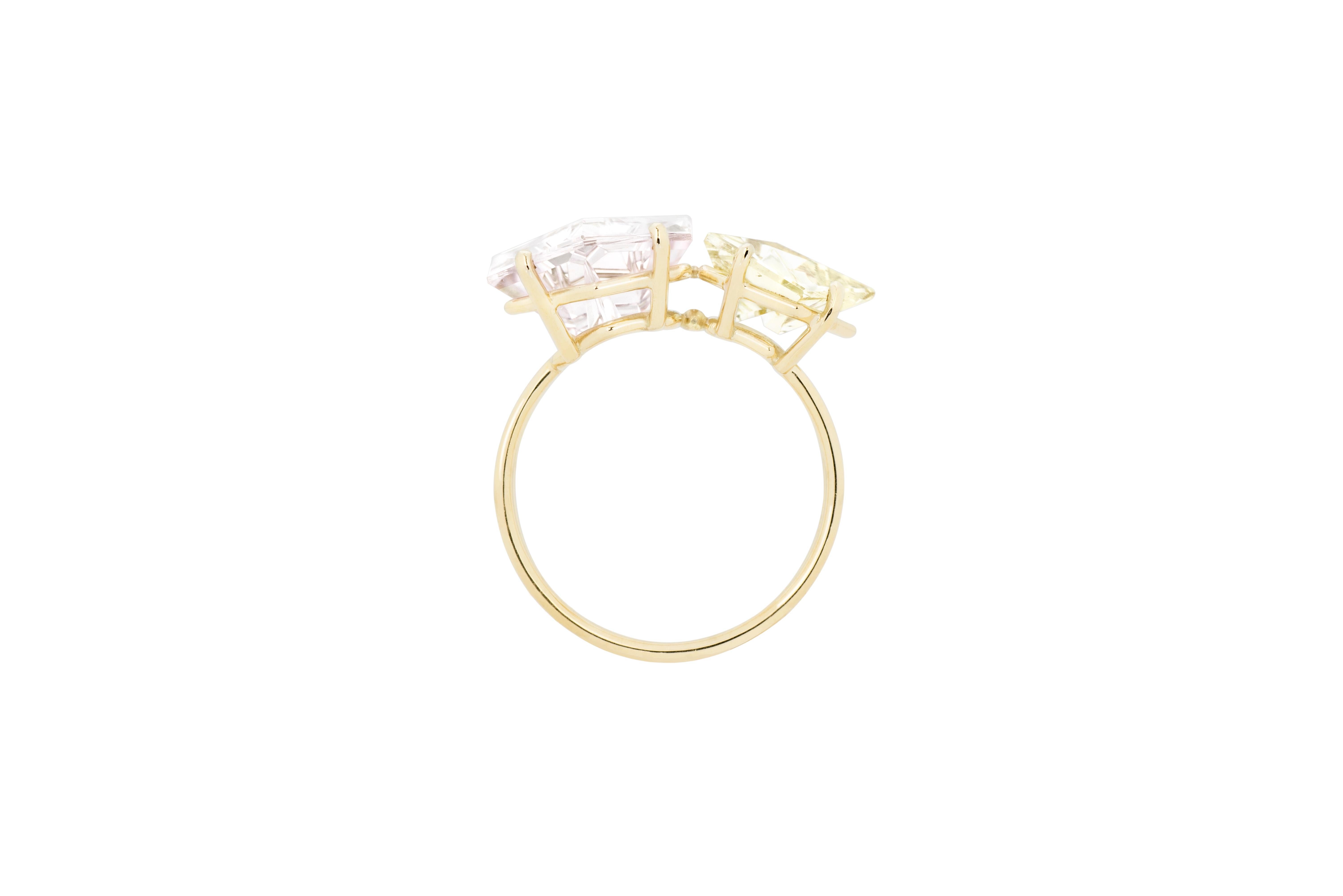 Created by Estela Guitart for MISUI, this 5.5 carat Morganite and 2 carat Golden Beryl Klar ring explores the harmony of colour. Fine gold structures frame the gemstones and give them a soft, airy feeling, highlighting their virtues.

To enhance the