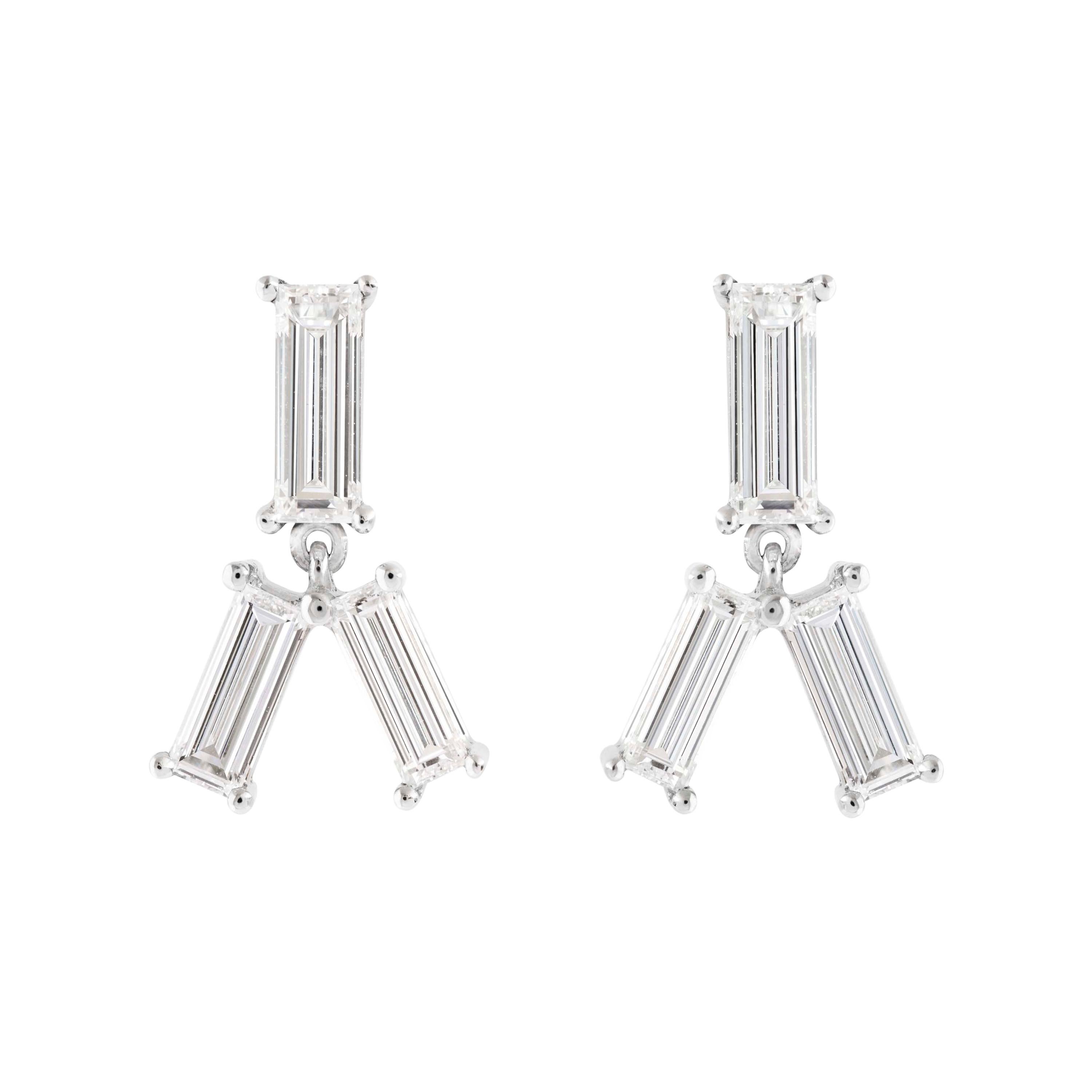 Misui Platinum Stud Earrings with 1 Carat White Diamond Baguettes For Sale