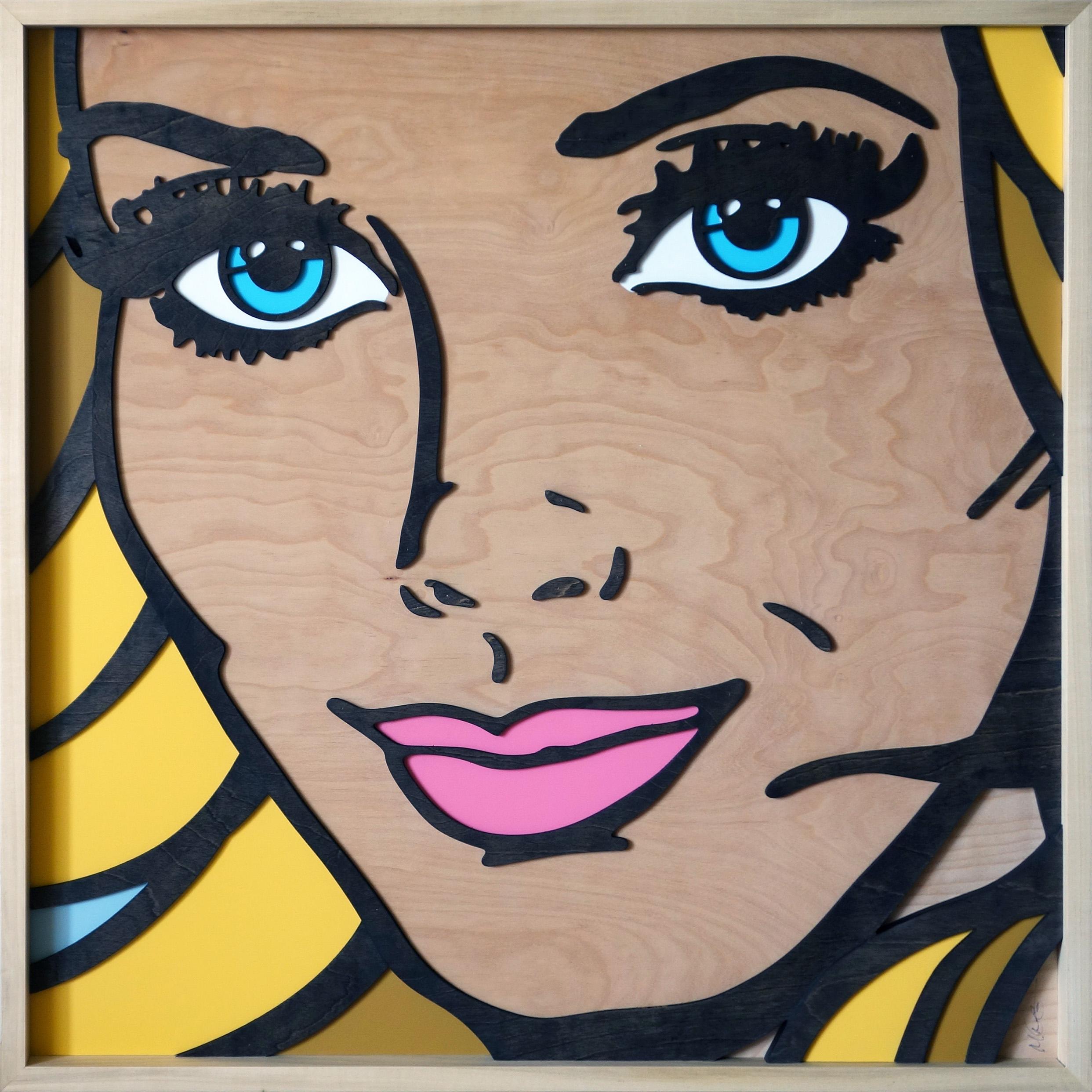 Back to Me, Pop Art, Wood, Femme, Figurative, Blonde, Yeux bleus, Lèvres roses - Mixed Media Art de Mitch McGee