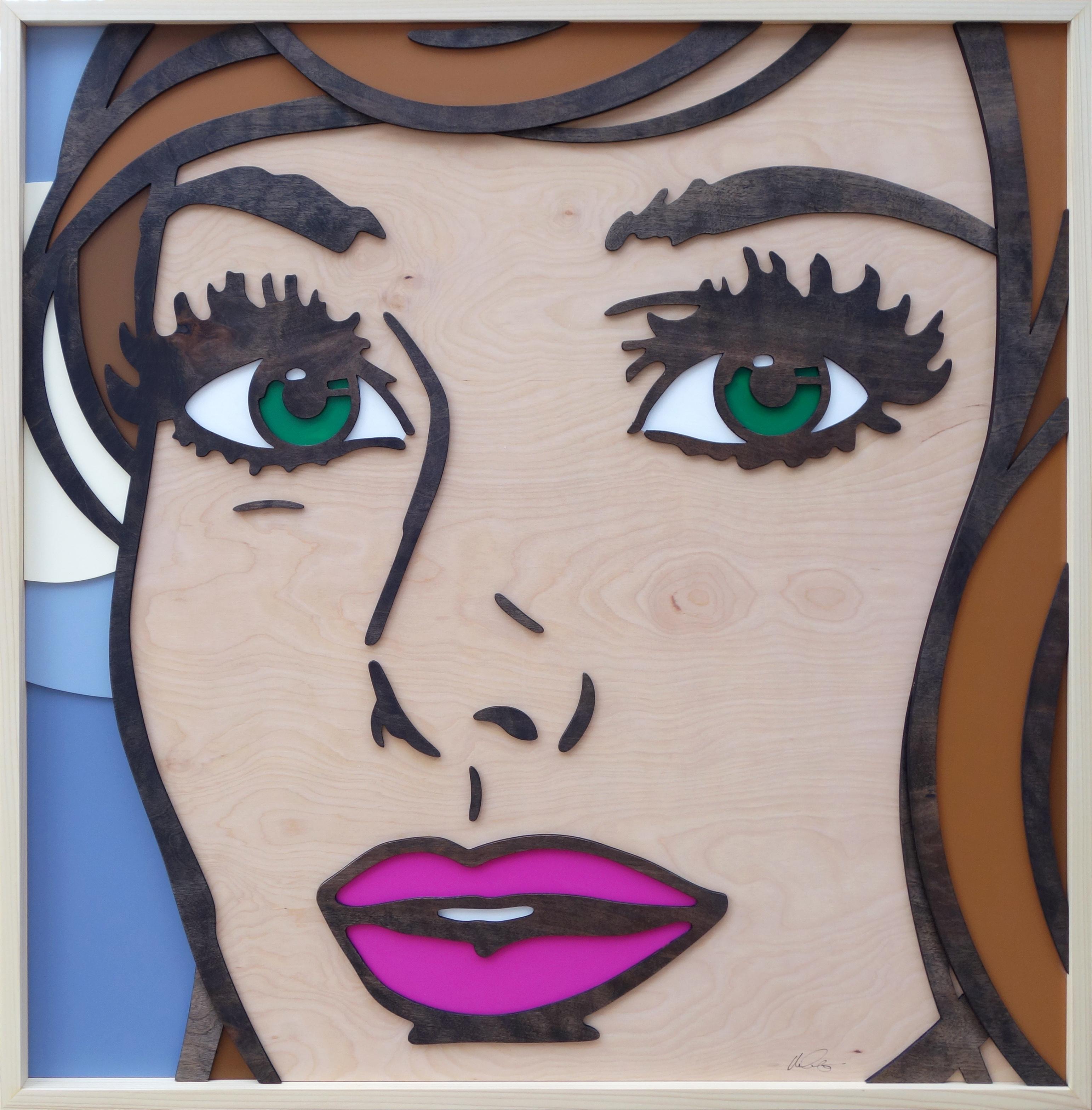 Forever After All, Pop Art, Birch Wood, Female, Figurative, Green Eyes, Brunette - Mixed Media Art by Mitch McGee