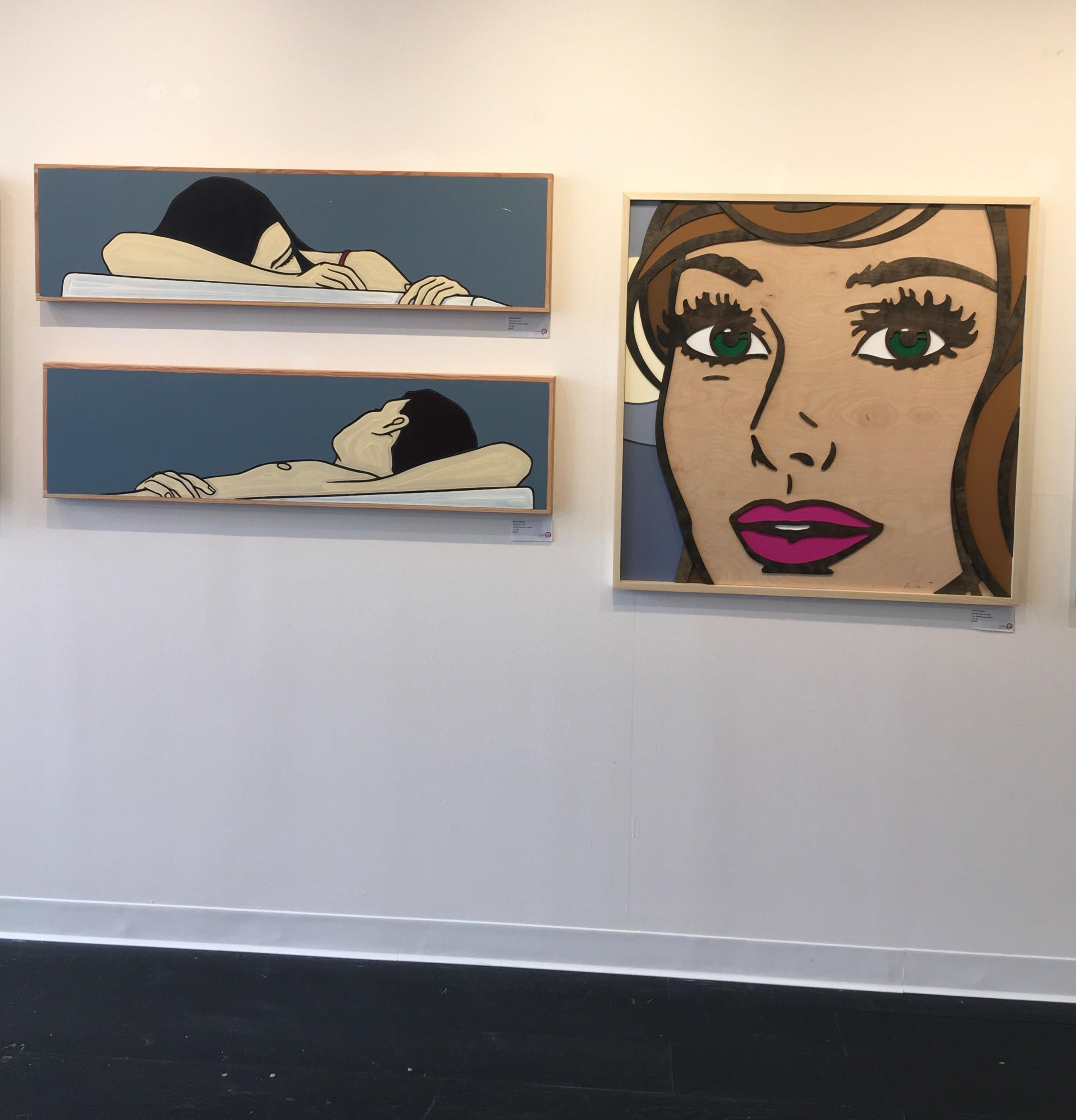 Para siempre después de todo, obra de arte en madera de abedul cortada, teñida y pintada por el artista tejano Mitch McGee.  Esta Obra de Arte Pop figurativa femenina mide 36