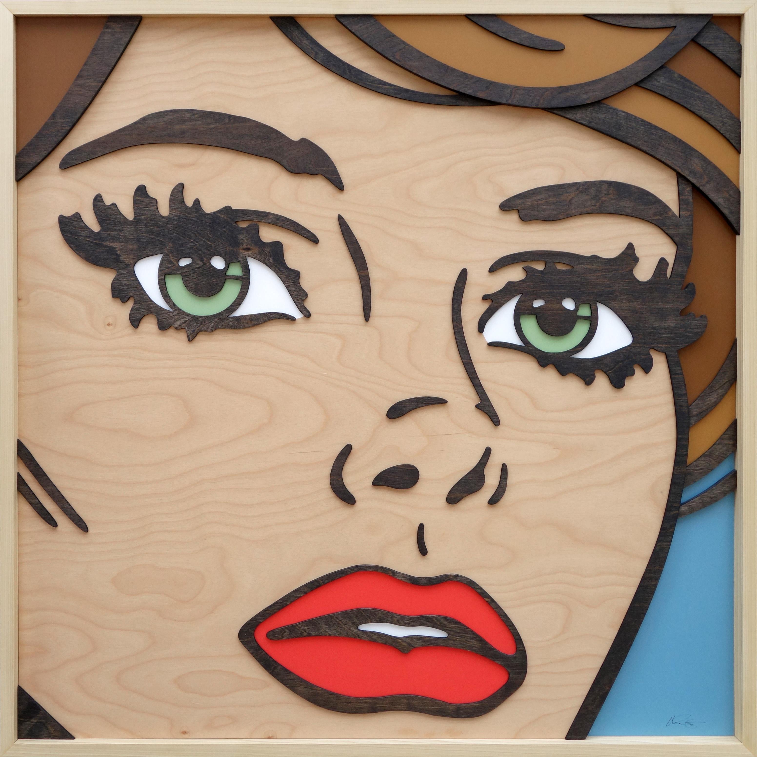 If We Never Met, Pop Art, Birch Wood, Dimension, Female, Figurative, Green Eyes - Mixed Media Art by Mitch McGee