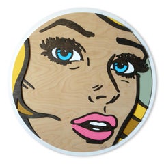 Last One to Know, Pop Art, Holz, weiblich, figurativ, blond, blaue Augen, rosa