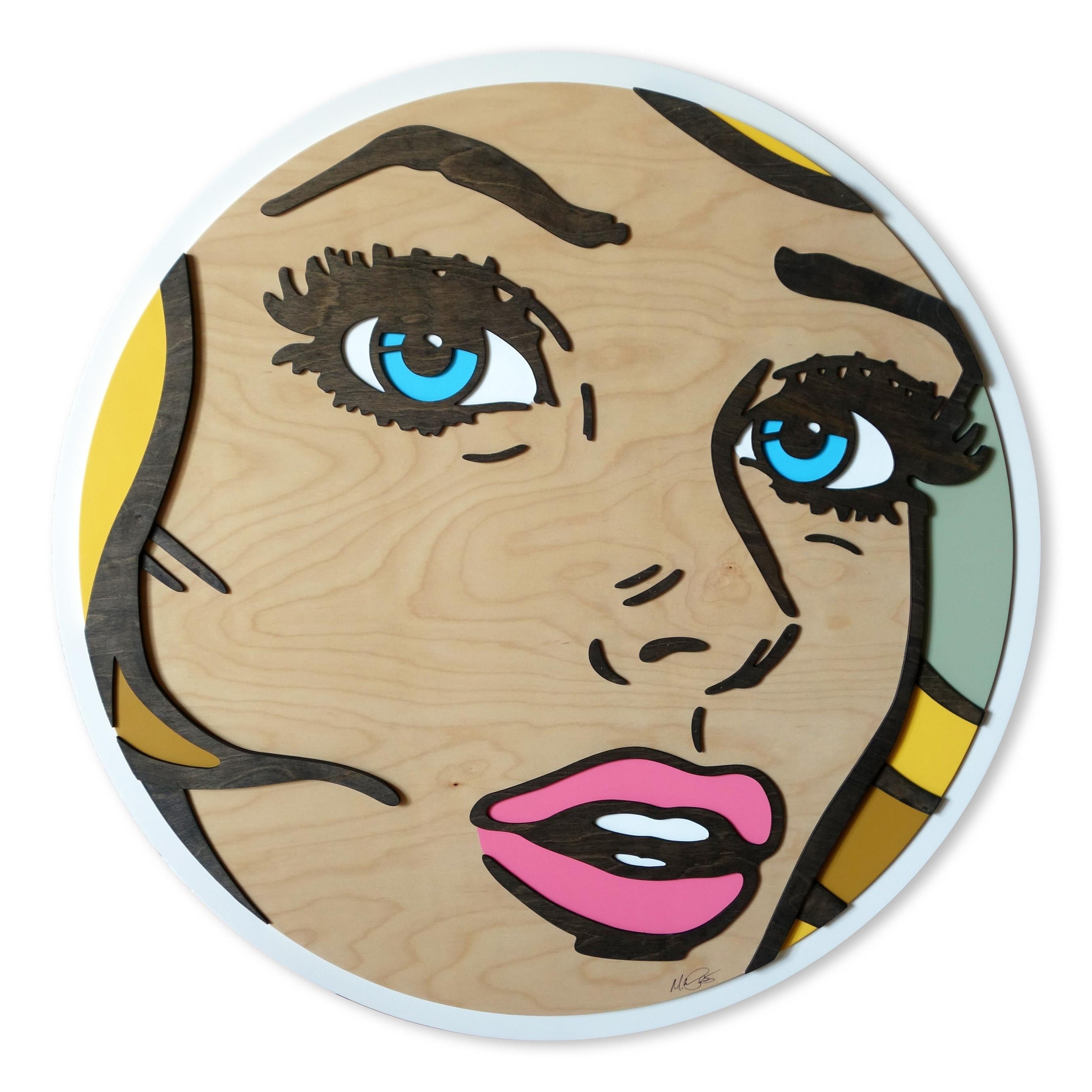 Last One to Know, Pop Art, Wood, Female, Figurative, Blonde, Blue Eyes, Pink