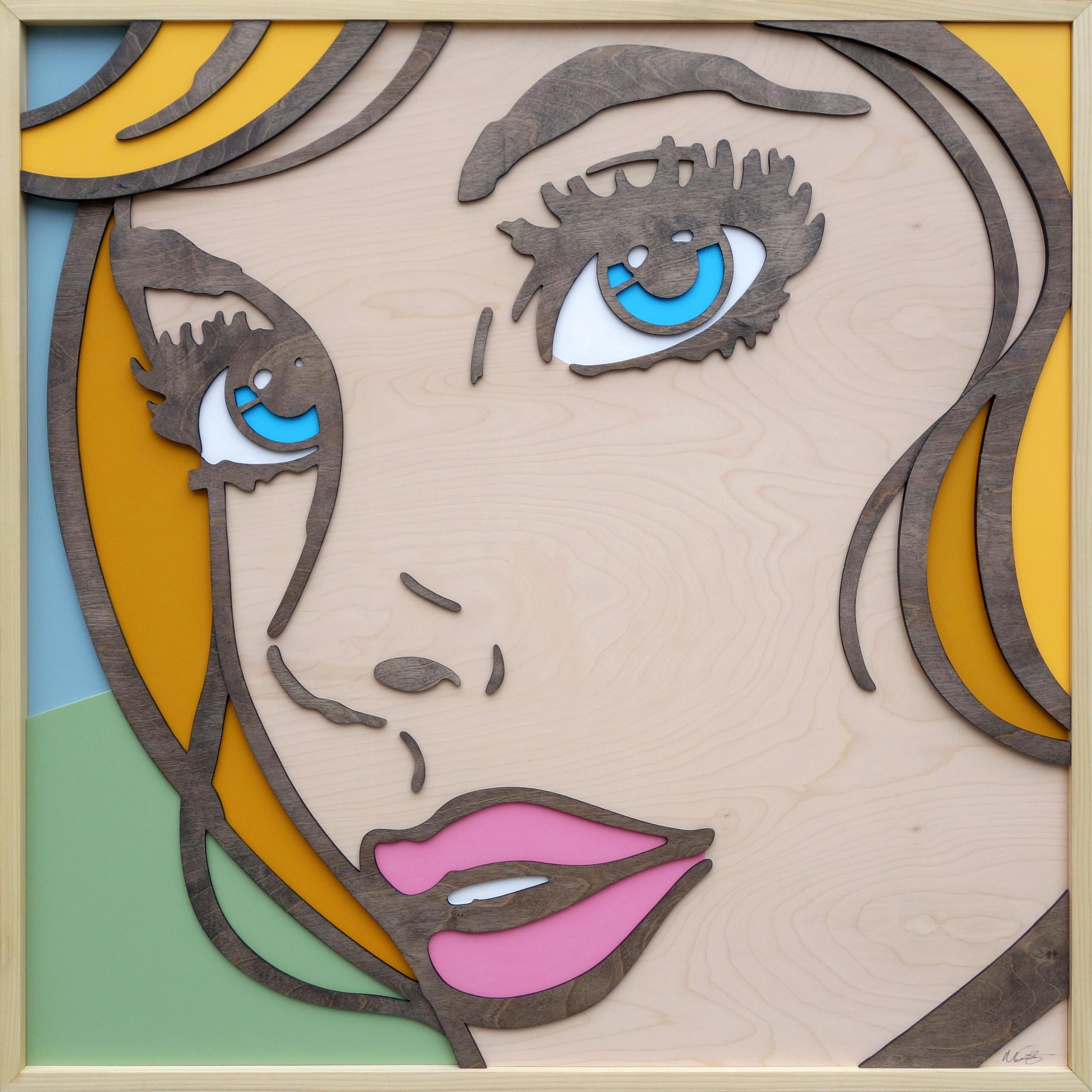 Mitch McGee Figurative Painting - So Will I, Pop Art, Birch Wood, Dimensional, Female, Figurative Blonde Blue Eyes