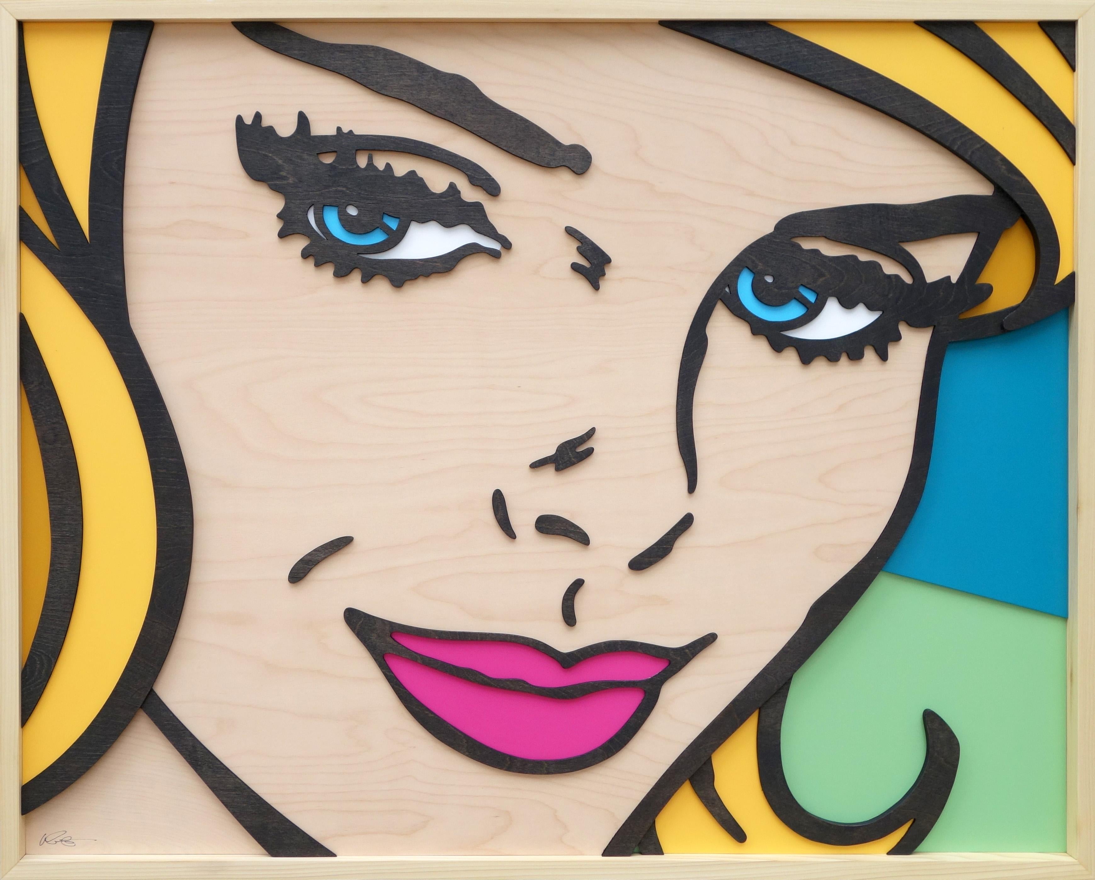 Mitch McGee Figurative Painting - Told You So, Pop Art, Birch Wood, Female, Figurative, Blue Eyes, Blonde, Art