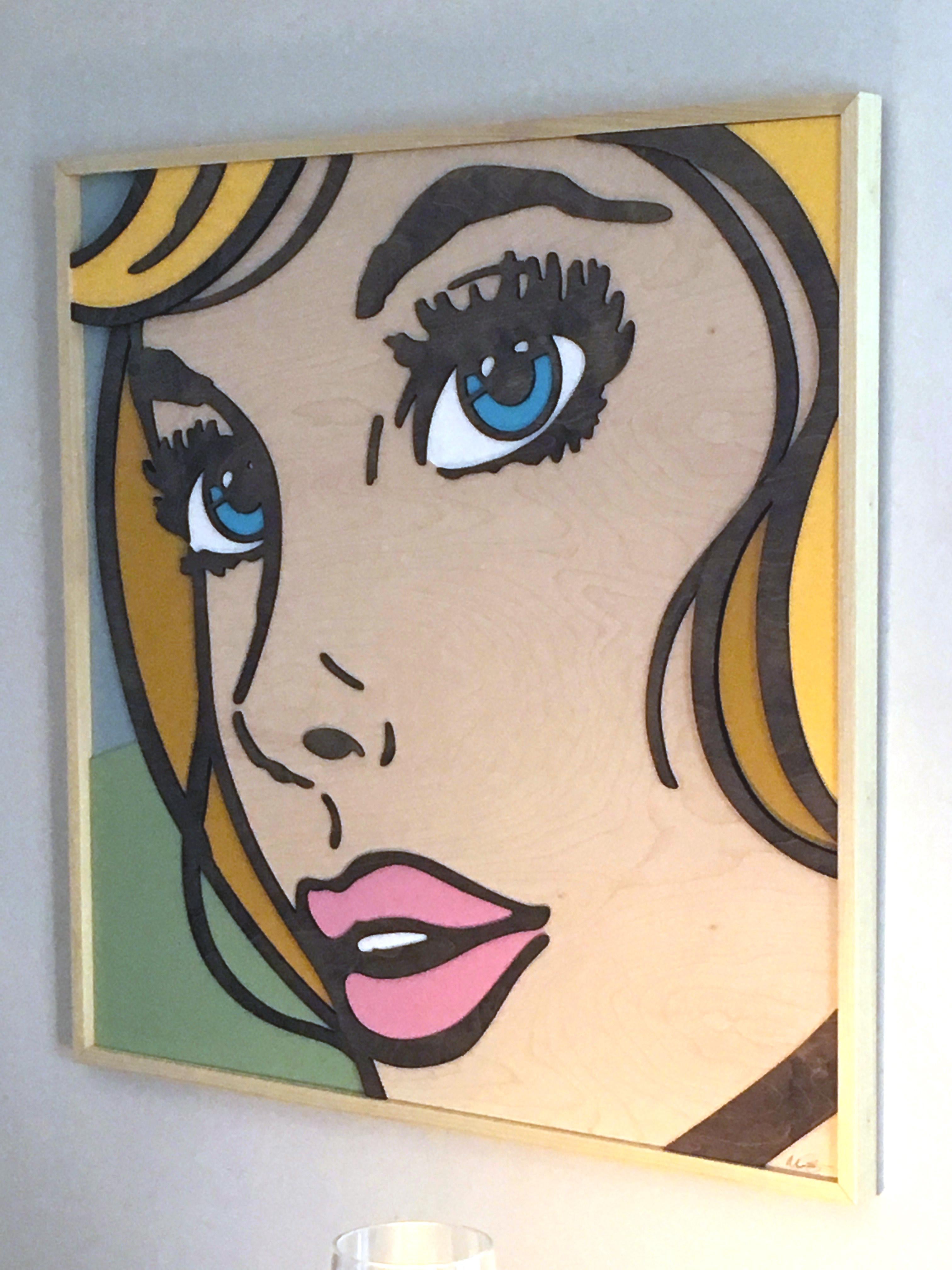 So Will I, Pop Art, Birch Wood, Dimensional, Female, Figurative Blonde Blue Eyes - Painting by Mitch McGee