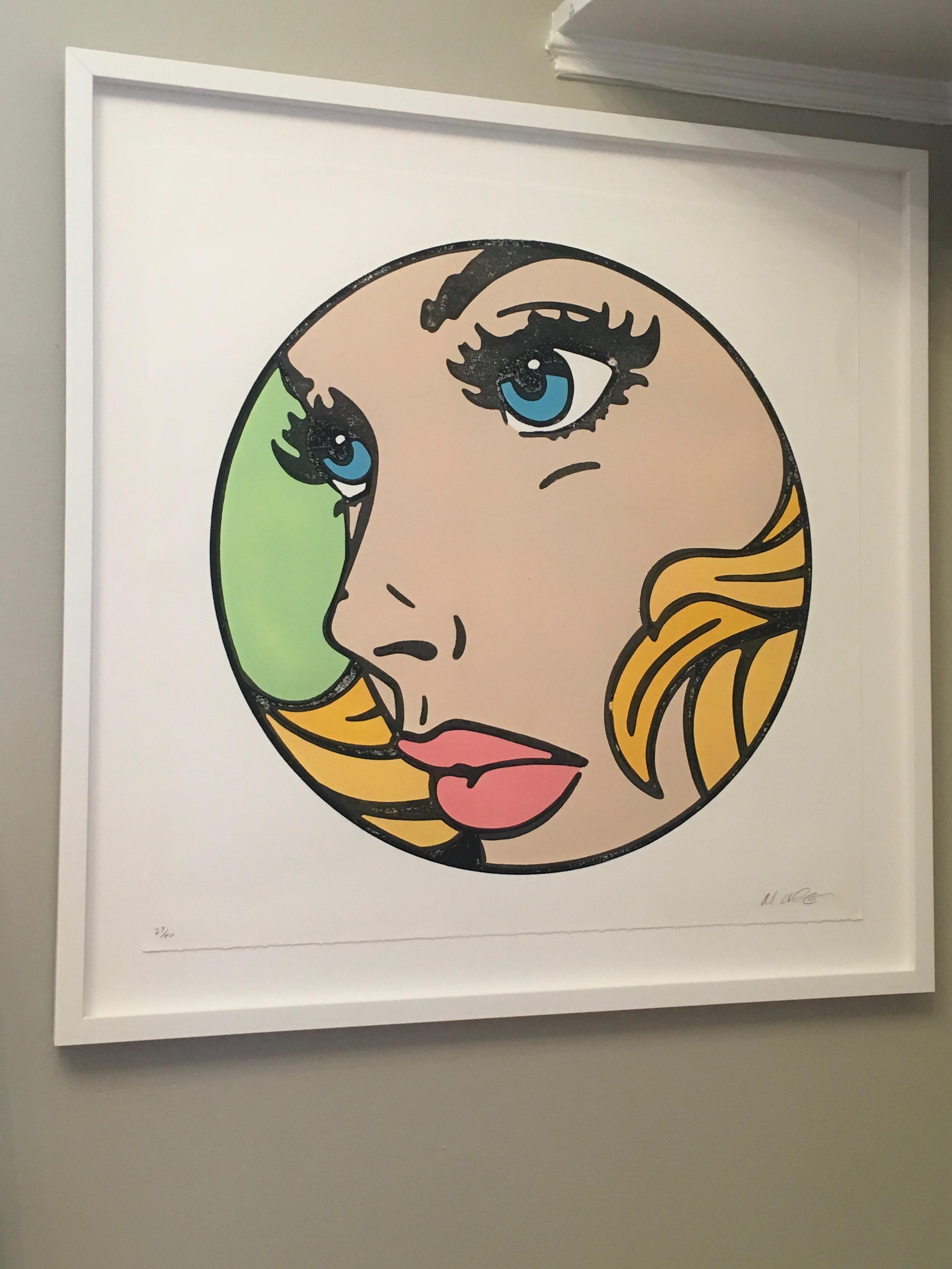 All That I Can - Green, Woodcut, Pop Art, Blue Eyes, Figurative, Framed, Female - Print by Mitch McGee