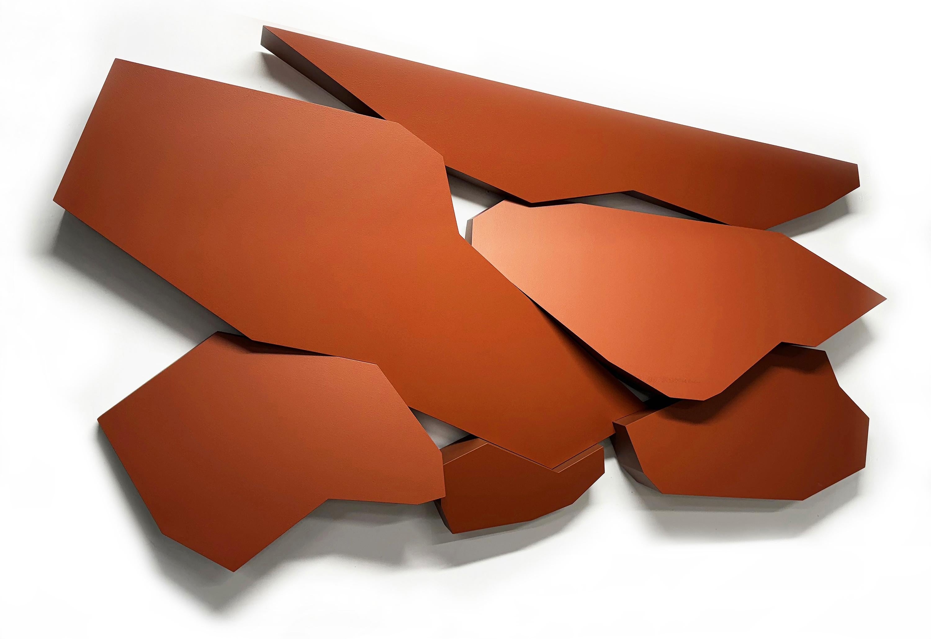 "Stack No. 2 (Rust)" - wall sculpture, 3-dimensional, geometric, red, horizontal
