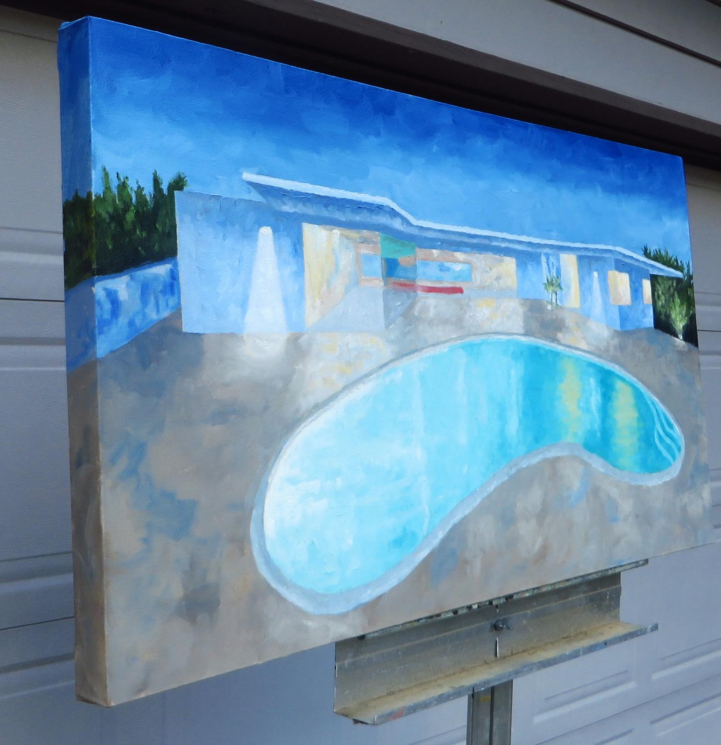 Classic Pool, Oil Painting - Blue Interior Painting by Mitchell Freifeld