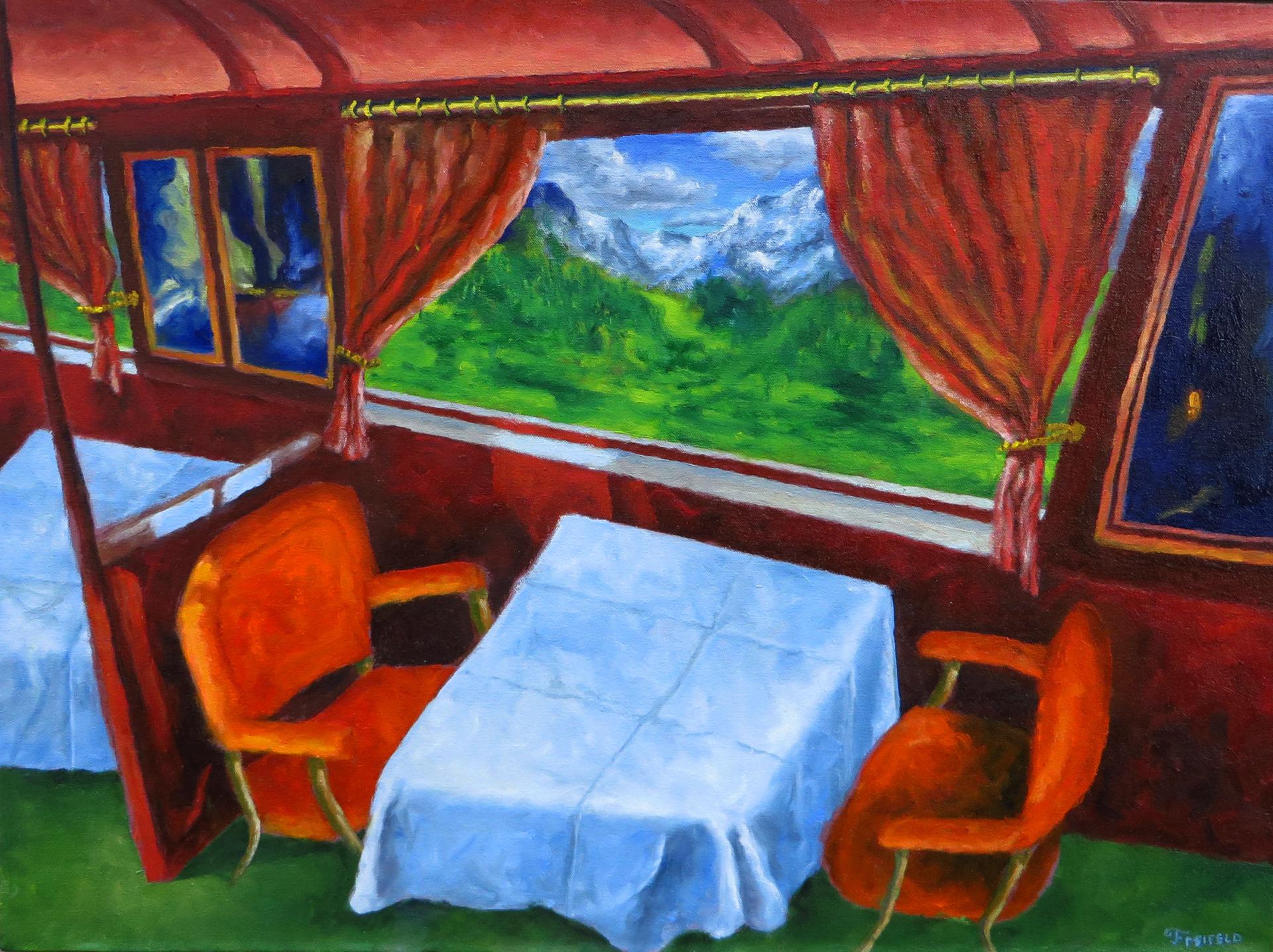 Train de luxe à travers les Alpes, peinture à l
huile