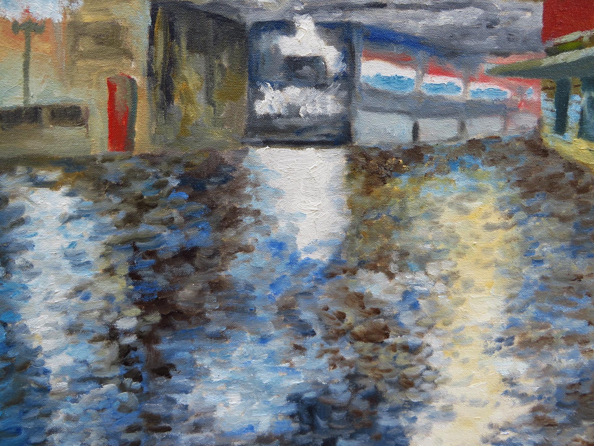 Regennacht in der Altstadt, Ölgemälde (Braun), Landscape Painting, von Mitchell Freifeld