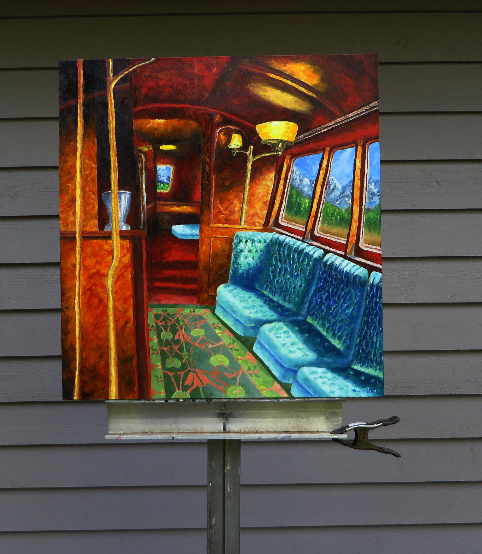 <p>Artist Comments<br>This painting of a train's interior invites the viewer on a journey to the Austrian Alps. The warm and classic design of a luxurious car on the Orient Express shields the passenger from the cold outside. An Art NouveauÂ carpet