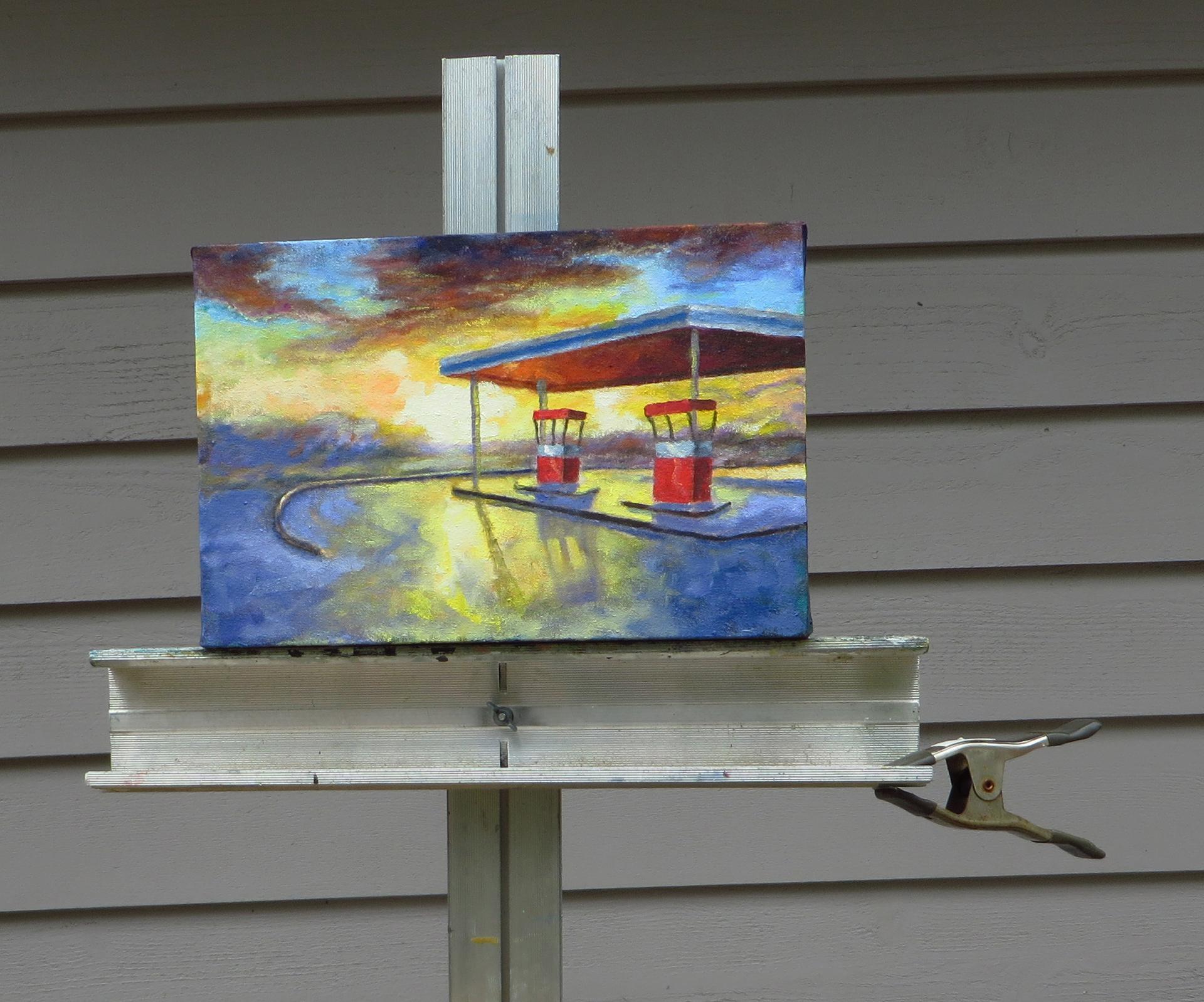 Sonnenuntergang an der Tankstelle, Ölgemälde (Zeitgenössisch), Painting, von Mitchell Freifeld