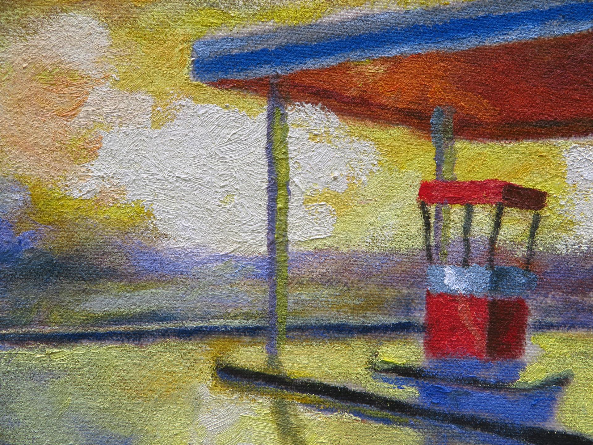 Sonnenuntergang an der Tankstelle, Ölgemälde (Grau), Interior Painting, von Mitchell Freifeld