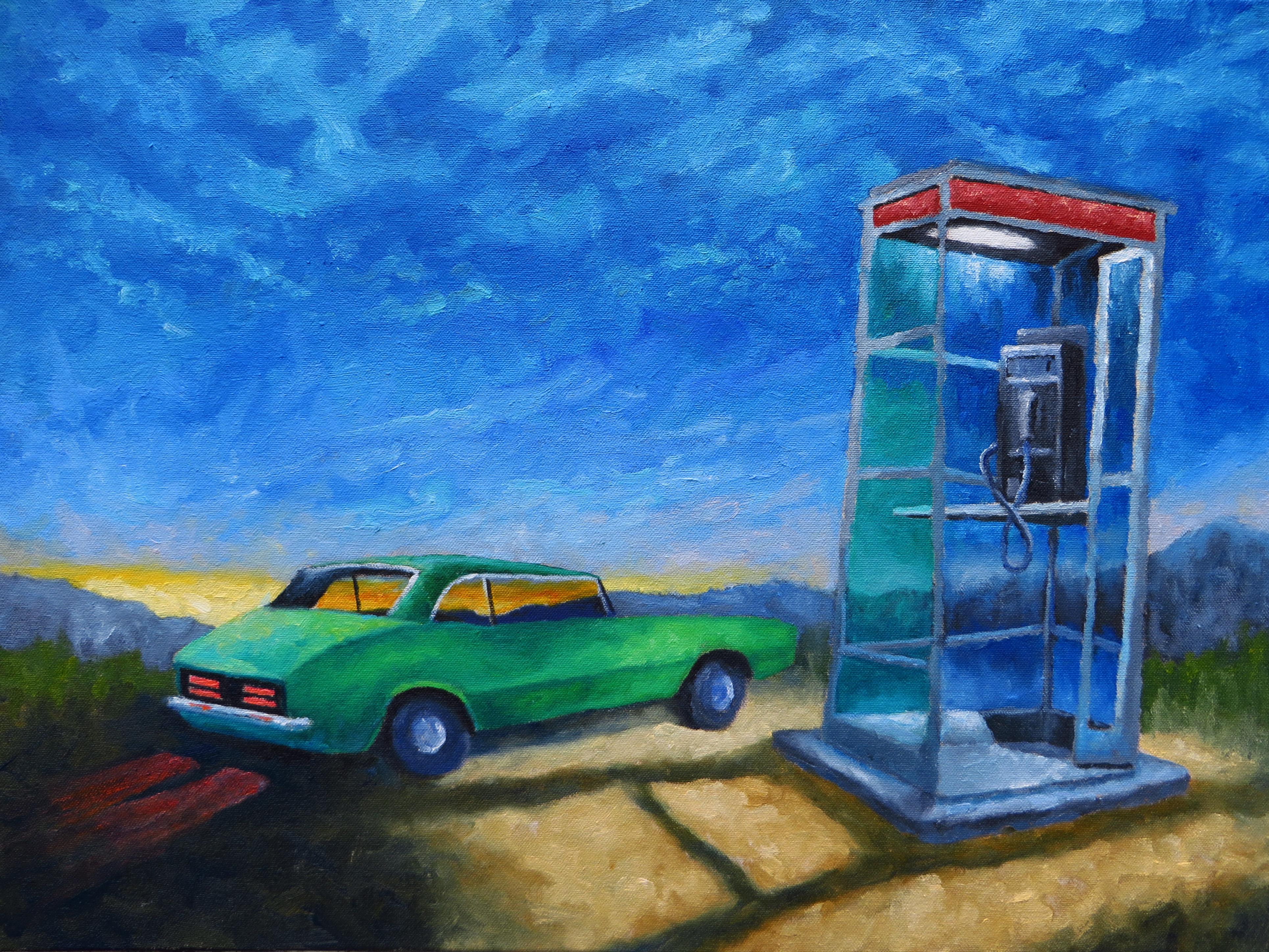 Mitchell Freifeld Landscape Painting - The Mojave Phone Booth, Oil Painting