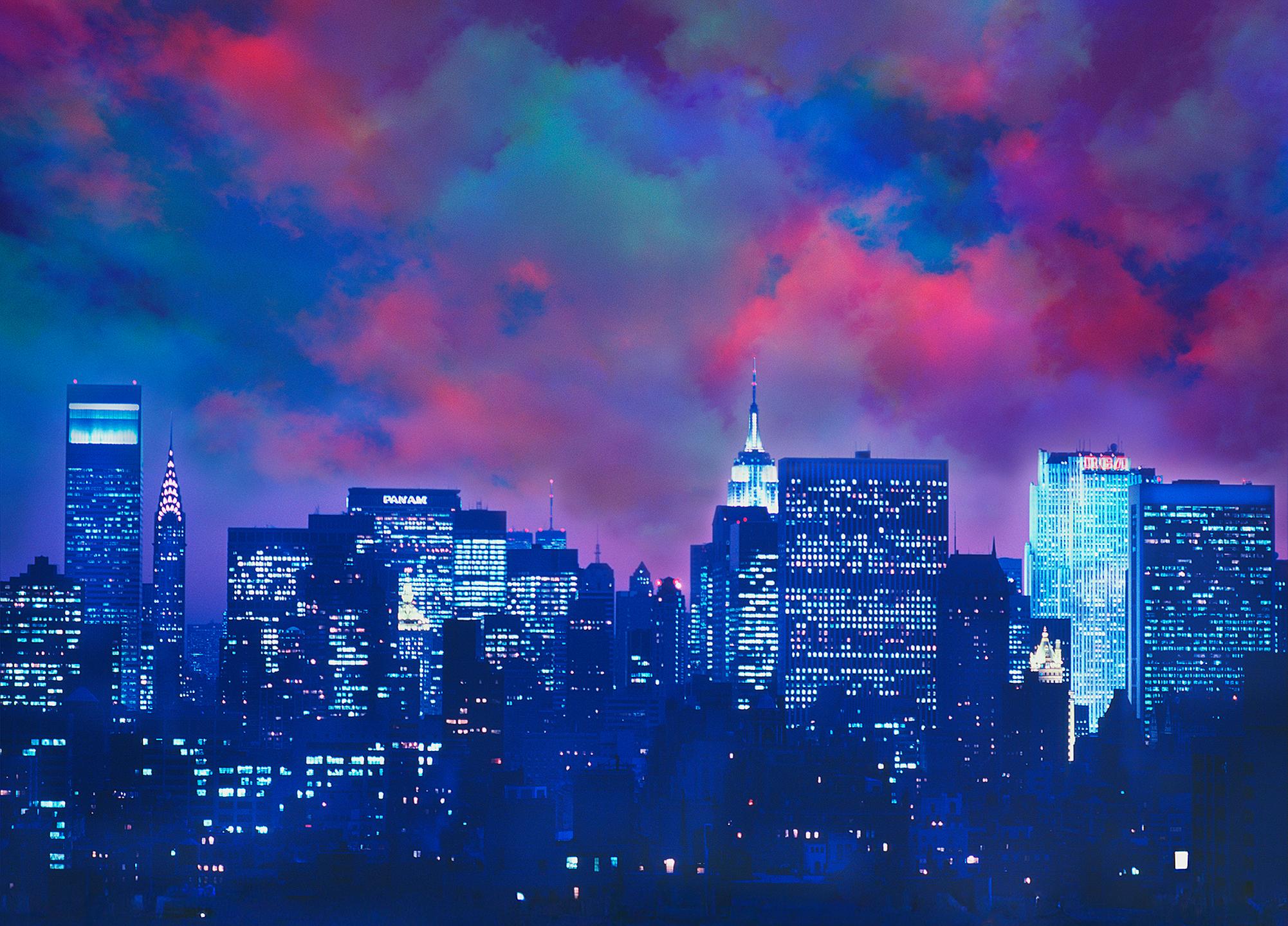 Mitchell Funk Color Photograph - 1980s Manhattan Skyline at Night with Pan Am Building and Chrysler Building