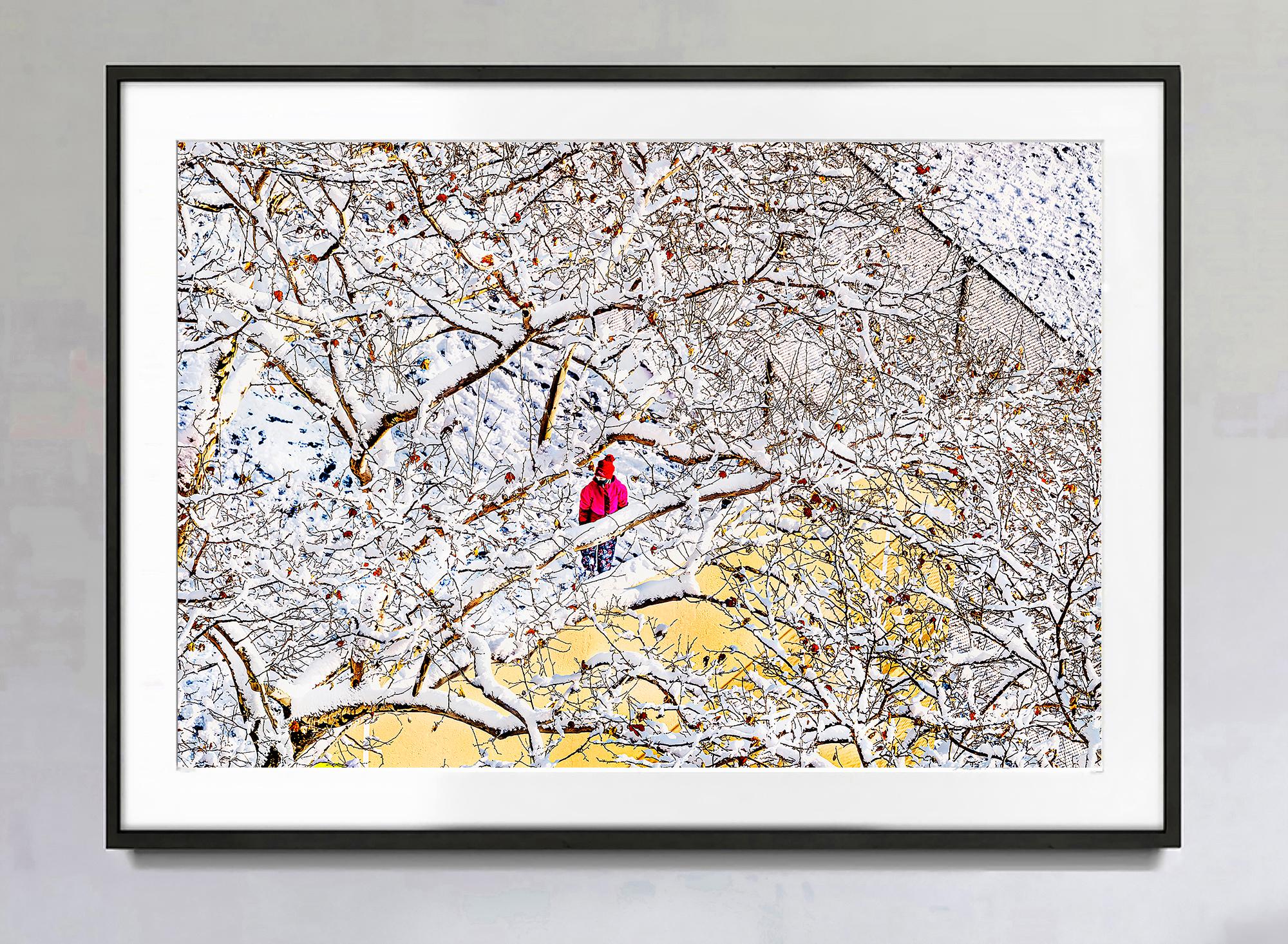 Eine abstrakte Winterszene mit einer einzelnen Figur in einem roten Mantel – Photograph von Mitchell Funk