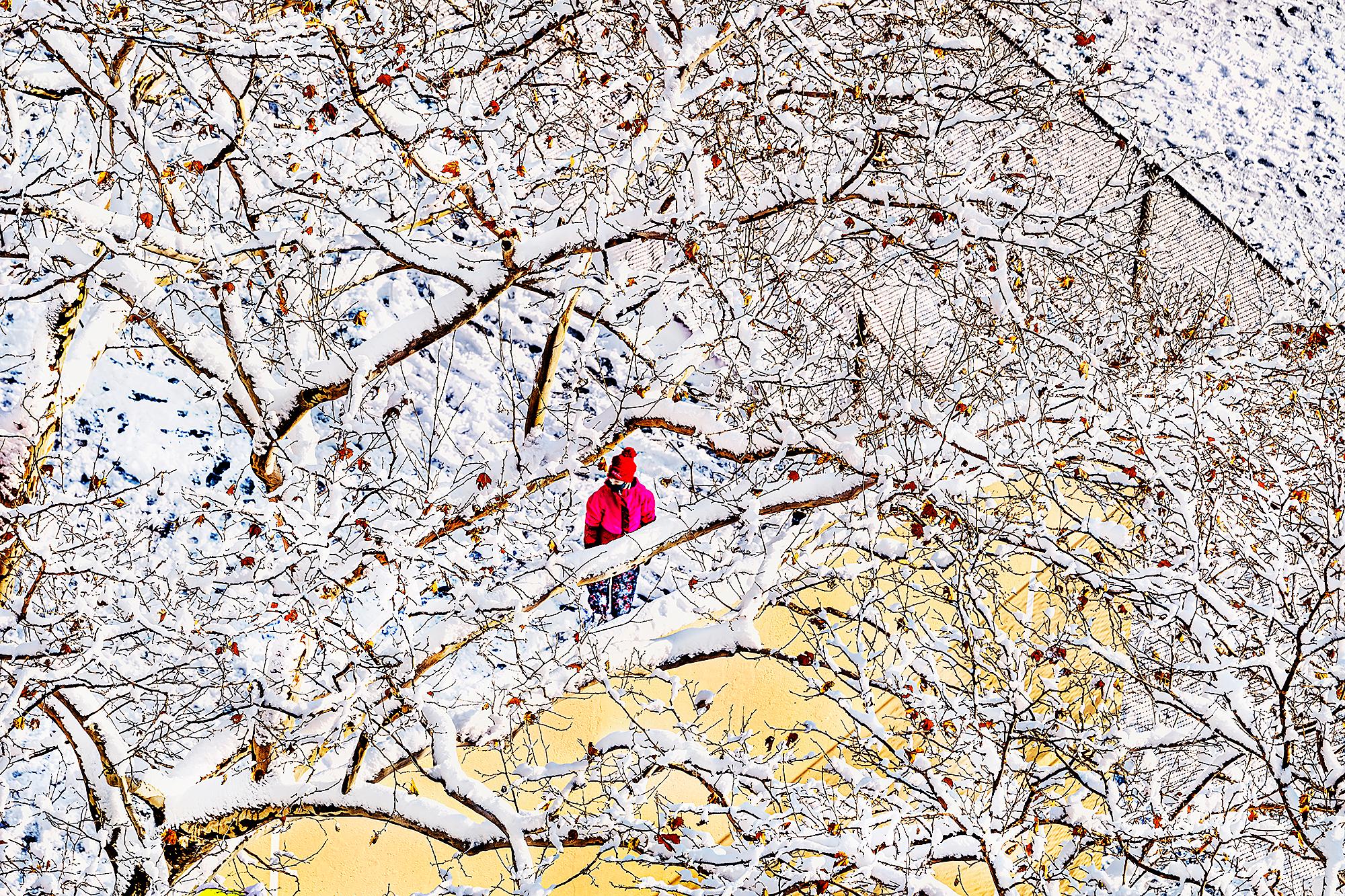 Escena abstracta de invierno con una sola figura con abrigo rojo