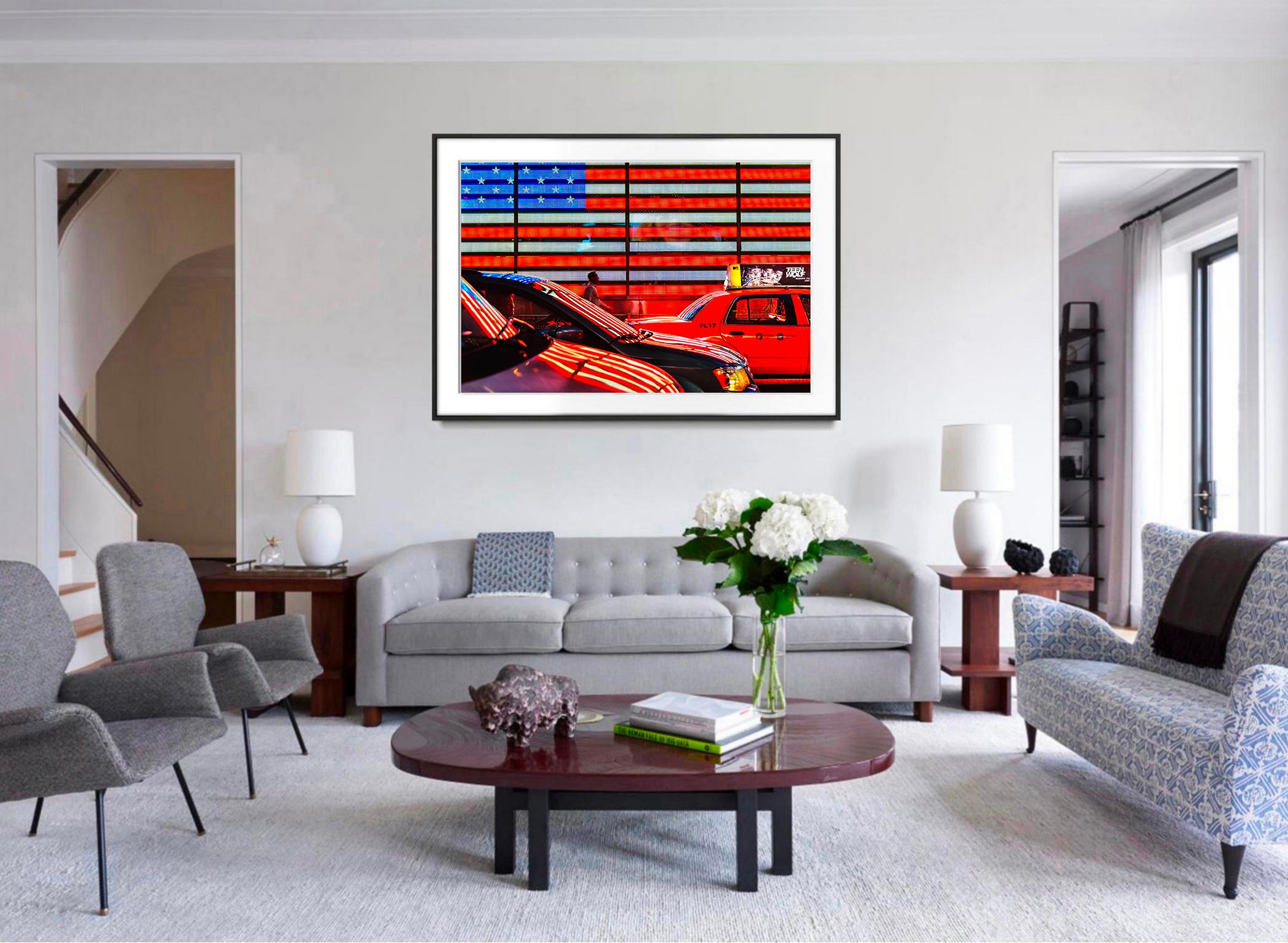 American Flag in Neon Reflections of Red White and Blue - Photograph by Mitchell Funk