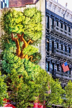 American Flag Swaying from a New York City Building With Graffiti Wall Art