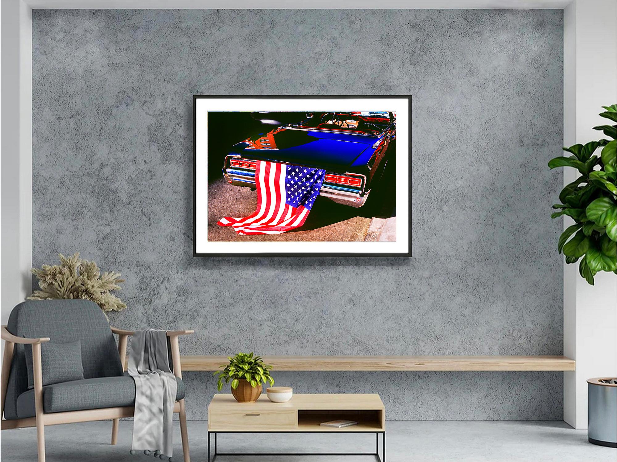 American Flag with Retro Mid-Century Car - Red and Blue - Street Photography For Sale 1