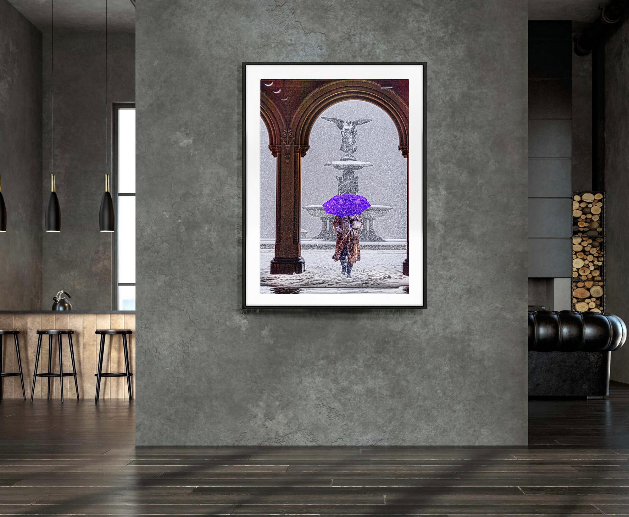Bethesda fountain Central Park in Snow With Purple Umbrella - Post-Impressionist Photograph by Mitchell Funk