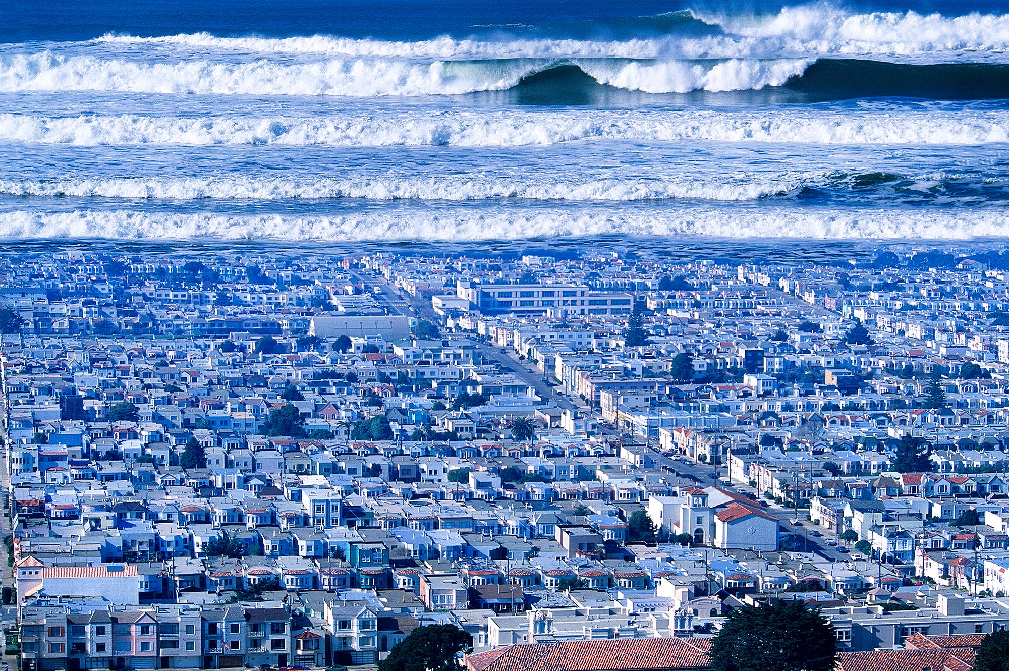 Mitchell Funk Landscape Photograph – Big Blue Waves Ocean District San Francisco  - Visual White Noise 
