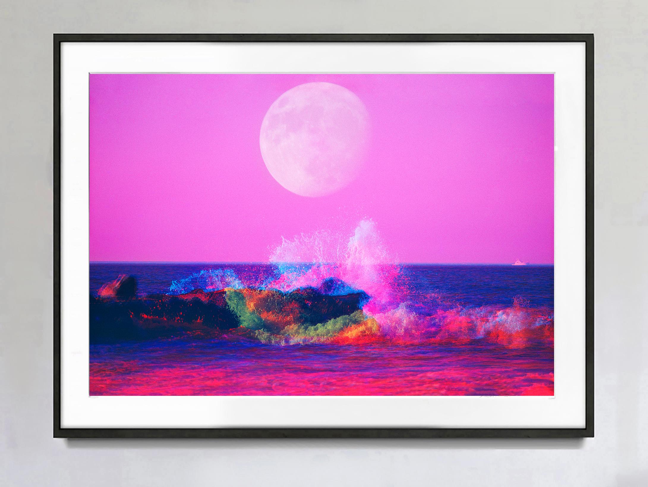 Big Moon over Magenta Sea - Pink Crashing Wave at New Jersey Shore - Photograph by Mitchell Funk