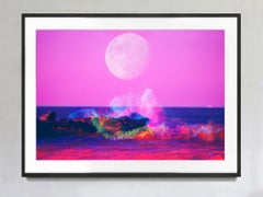 Big Moon over Magenta Sea - Pink Crashing Wave at New Jersey Shore (Grande lune sur la mer de Magenta - vague rose déferlante sur la côte du New Jersey)