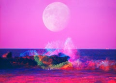 Vintage Big Moon over Magenta Sea - Pink Crashing Wave at New Jersey Shore