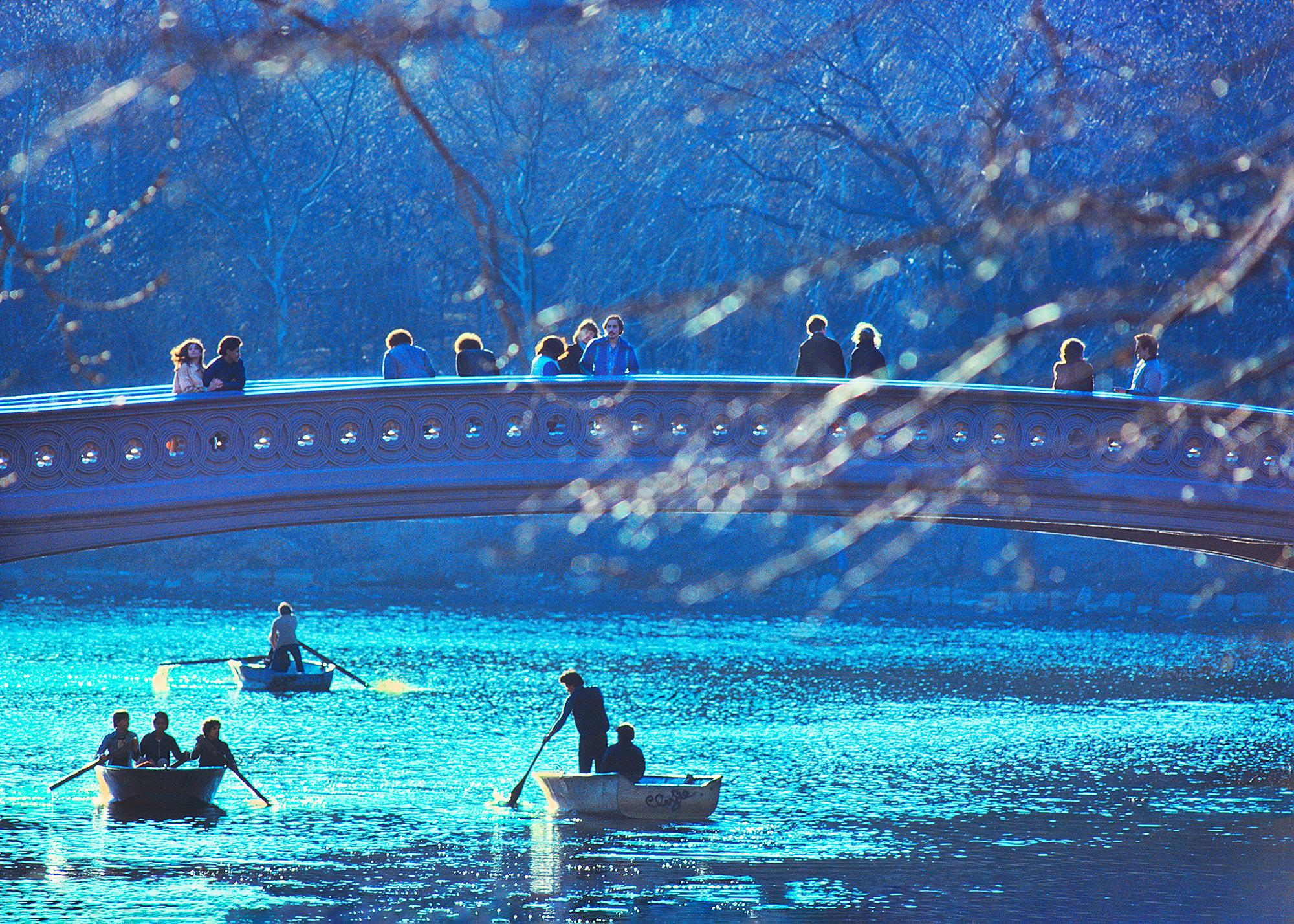 Mitchell Funk Landscape Photograph - Bow Bridge Row Boats in Central Park  - Cerulean Blue