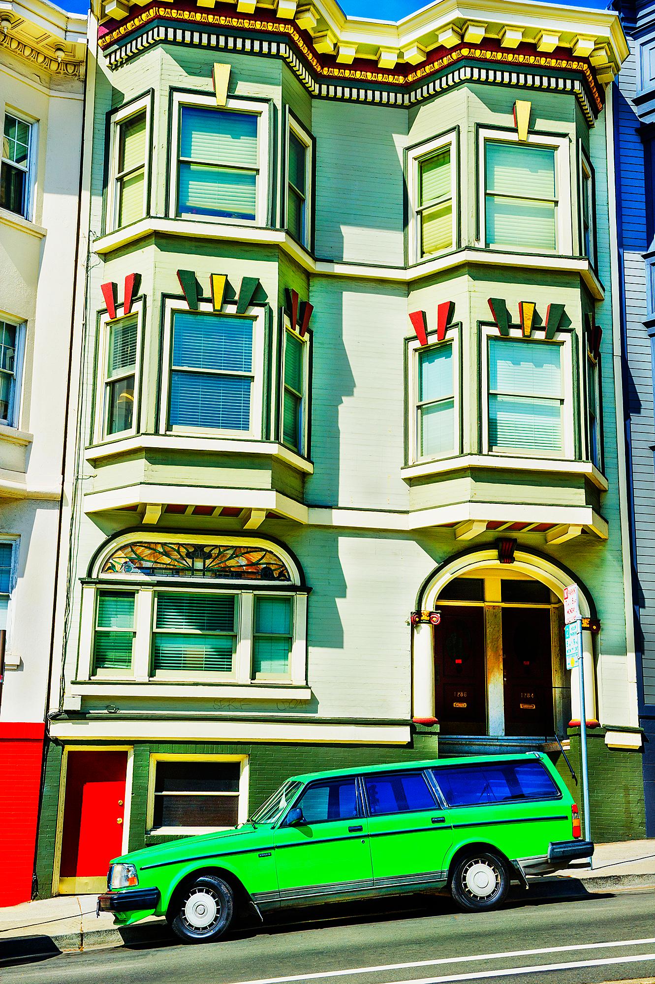 Bright Green Car In Front Victorian House, San Francisco