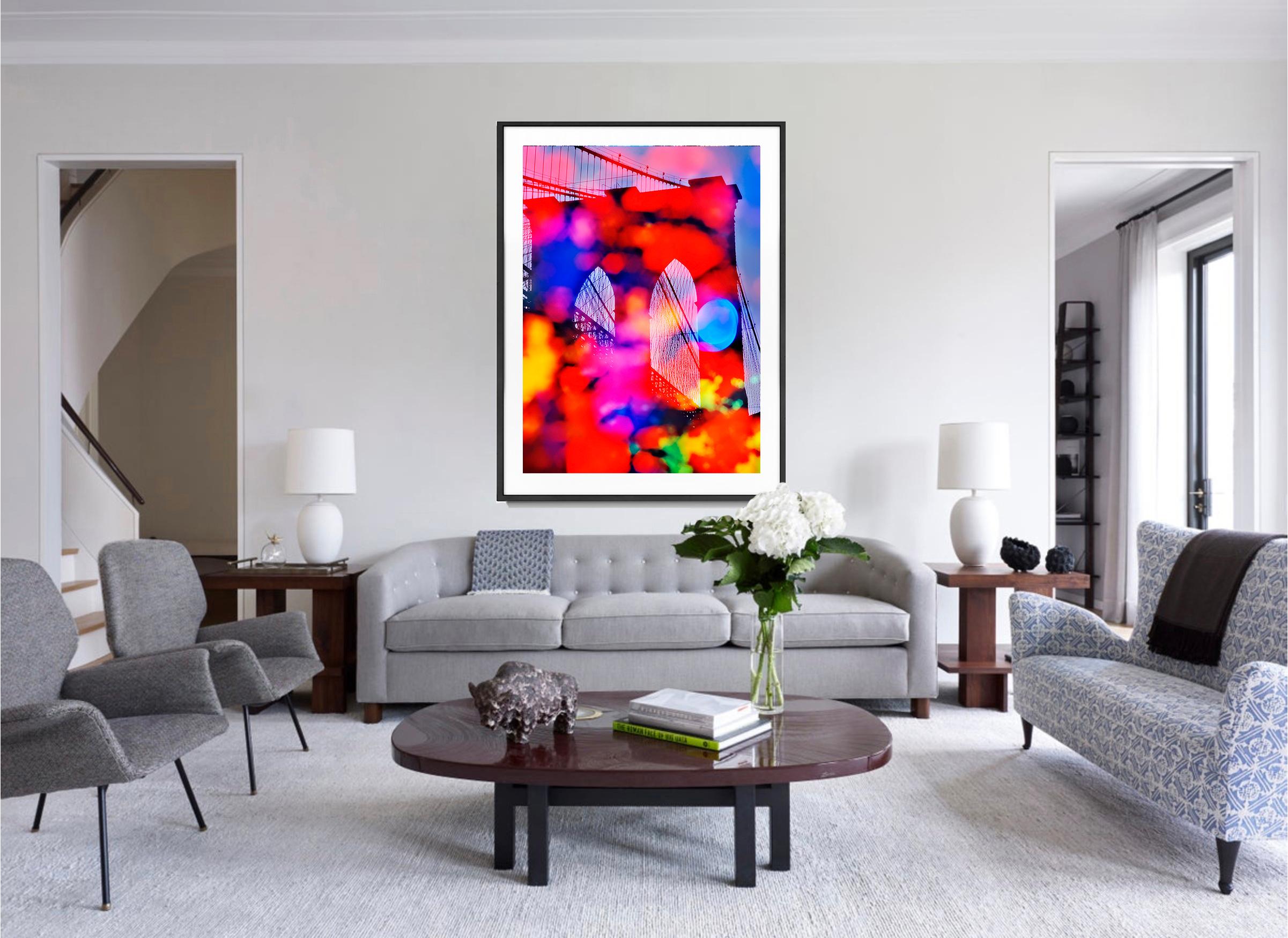 The romantic merges with the classic in  Mitchell Funk's 1970s interpretation of the Brooklyn Bridge. With a long lens, Funk incorporates the emotionally joyful colors of out-of-focus flowers with the soaring classical stone archs of the Brooklyn