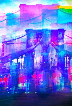 Brooklyn Bridge Multiple Exposure in Magenta and Blue, City Abstract 