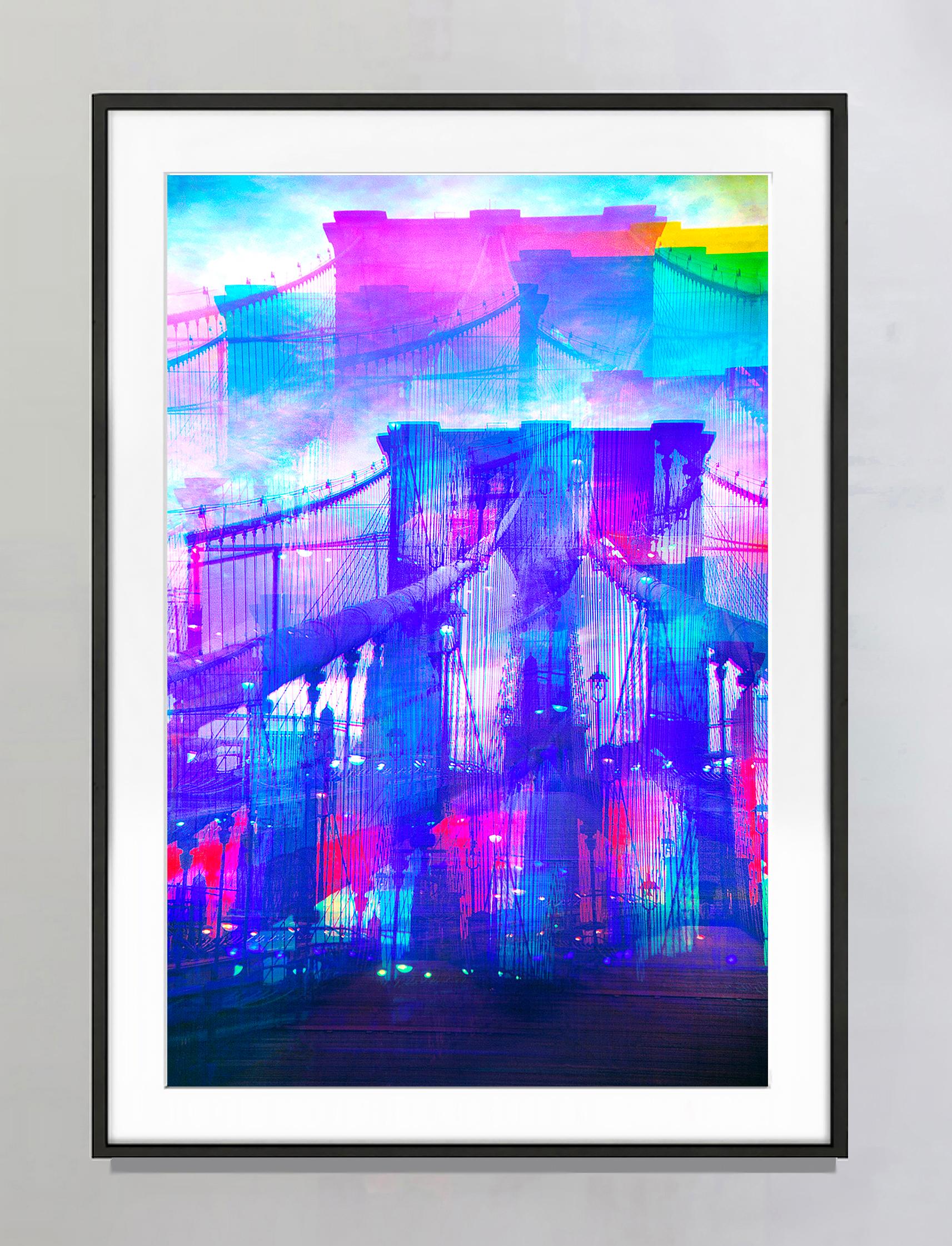 Brooklyn Bridge Multiple Exposure in Magenta and Blue, City Abstract  - Photograph by Mitchell Funk
