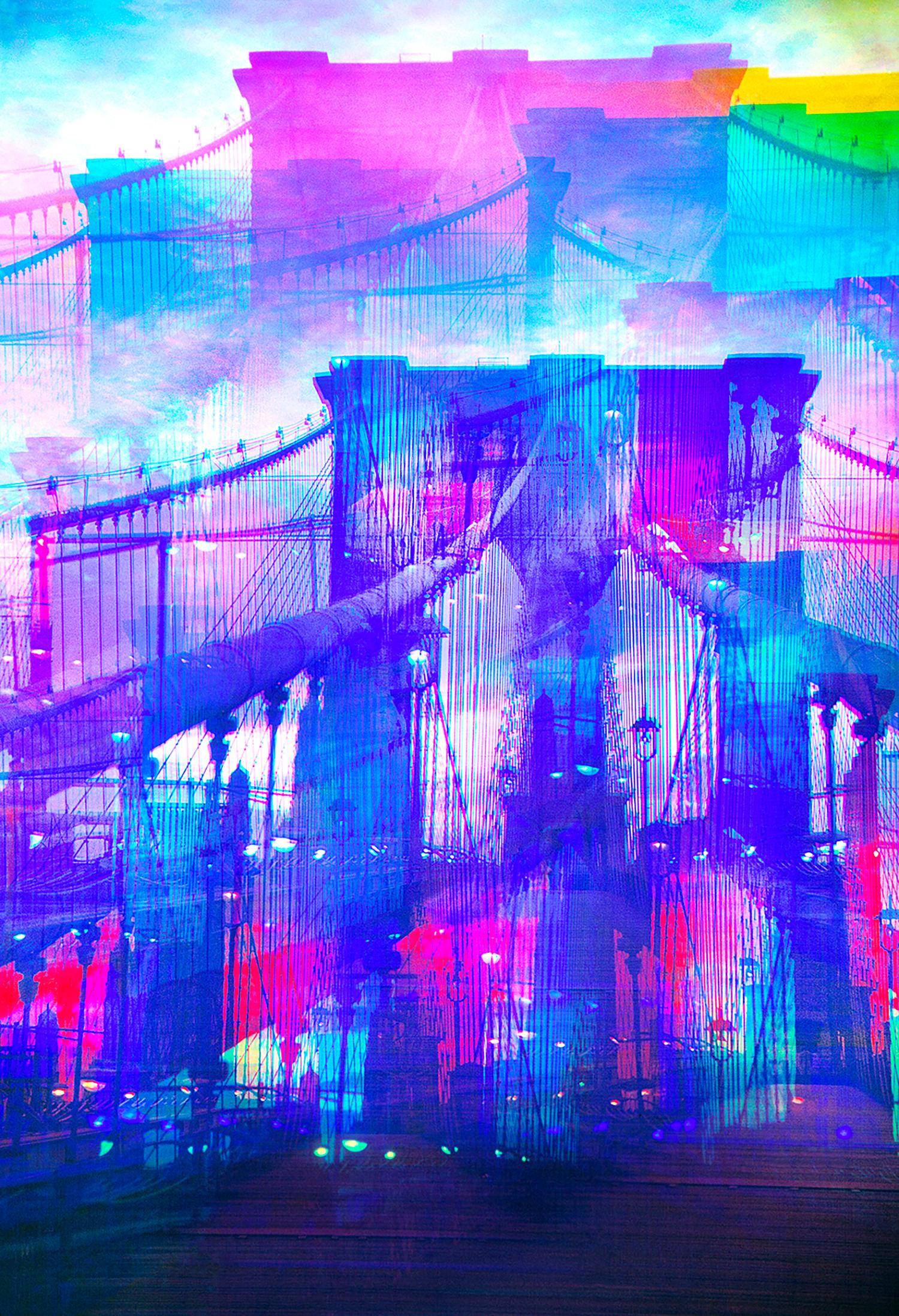 Landscape Photograph Mitchell Funk - Plusieurs expositions du pont de Brooklyn en magenta et bleu, City Abstract 