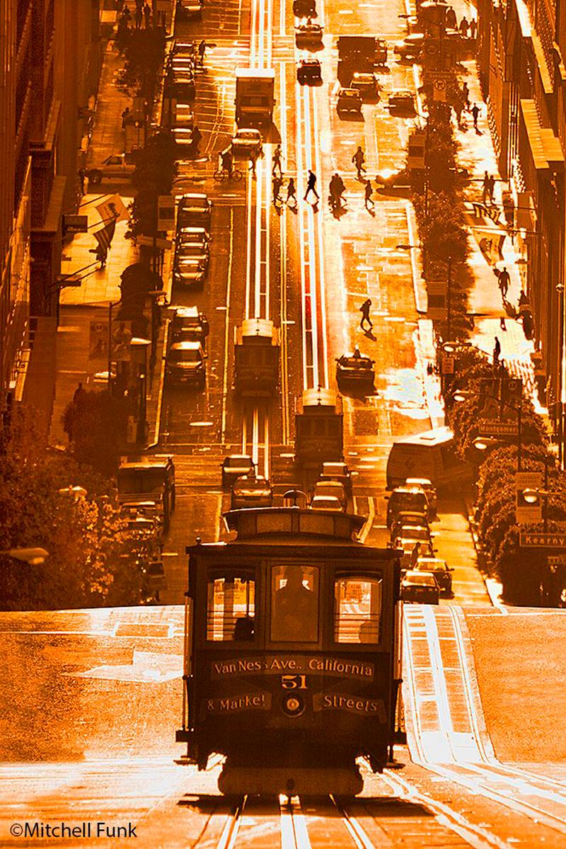 Mitchell Funk Landscape Photograph - Cable Cars Ascending Nob Hill at Sunrise