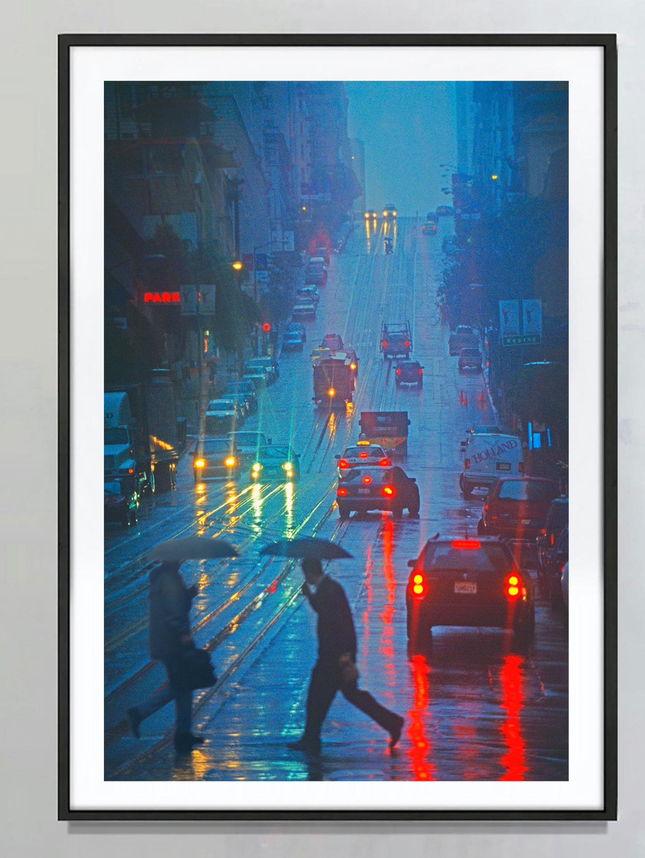 California Street On Rainy Day, San Francisco In Blue Tones - Photograph by Mitchell Funk