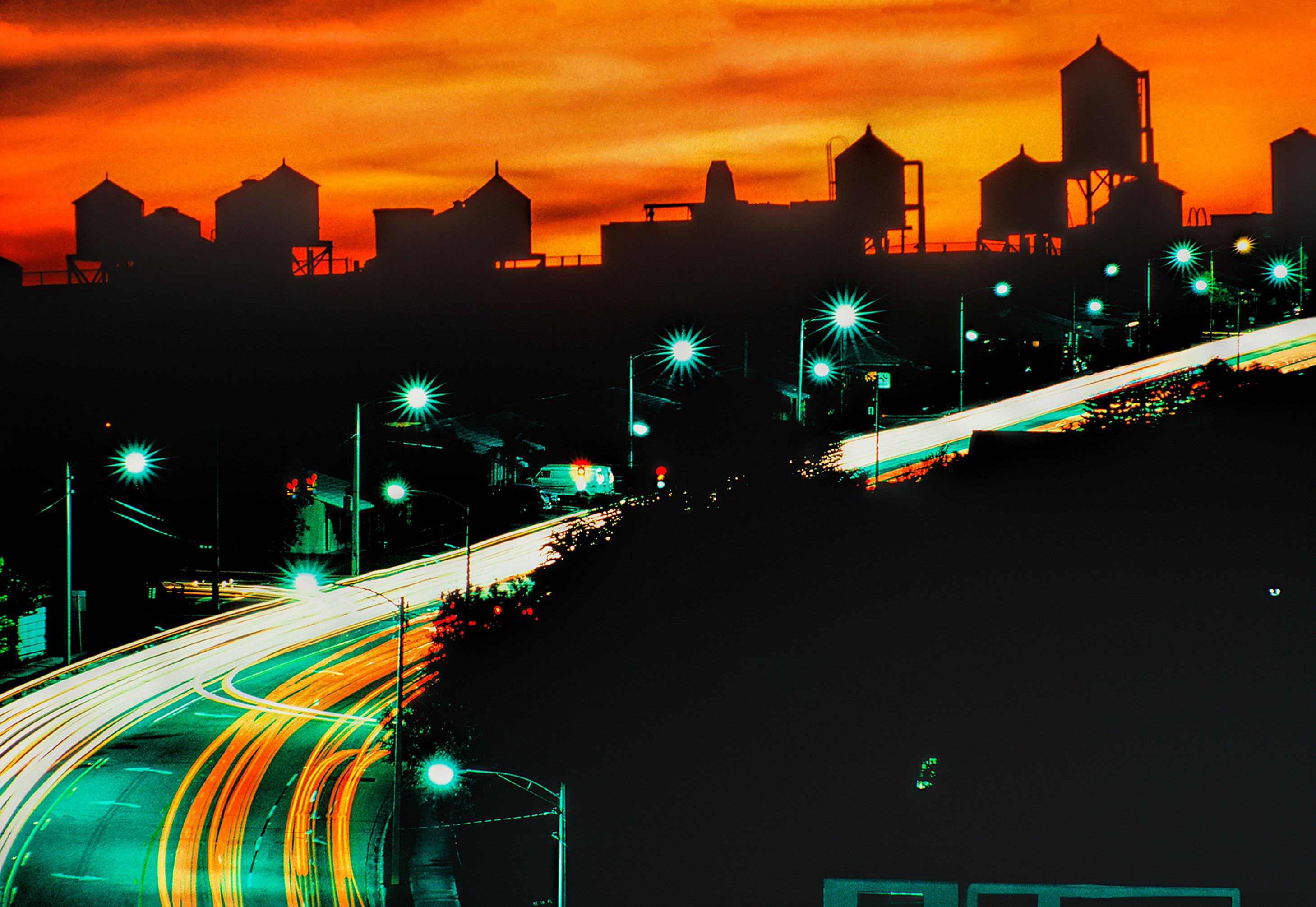 Urban Night Scene Car Light Trails Queens, NY Color Photography, 3/15
