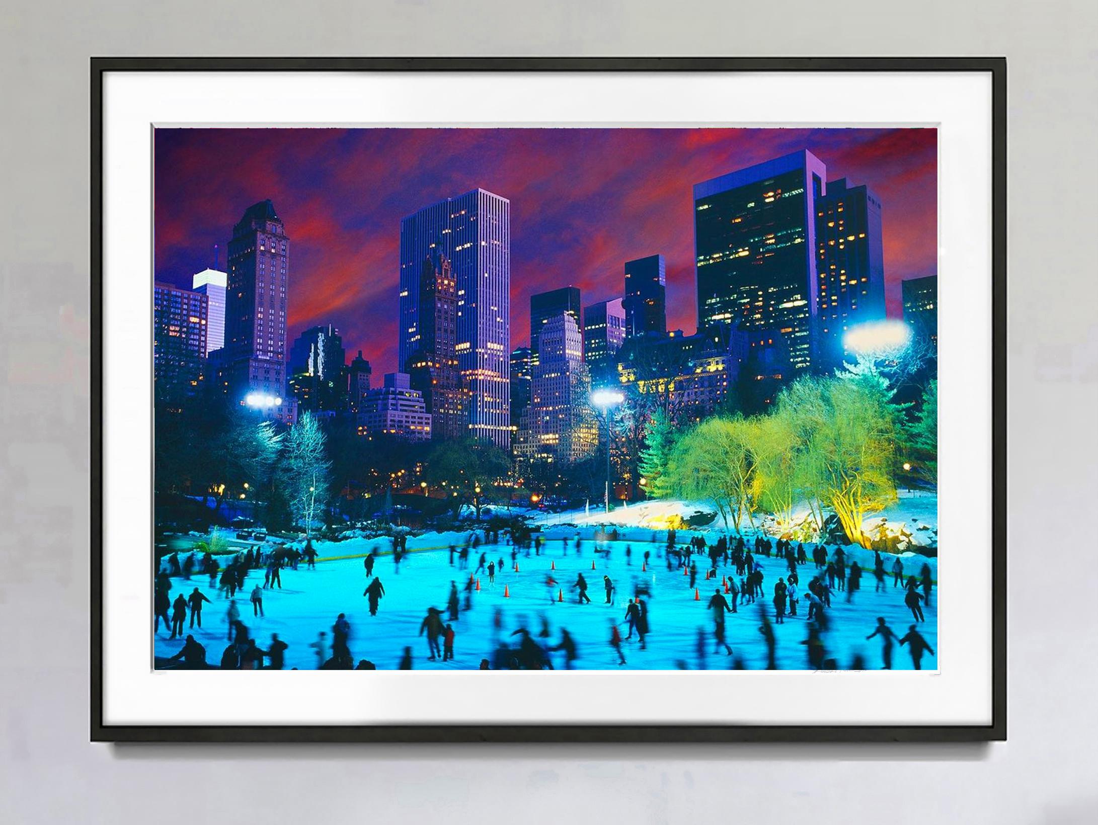  Central Park Ice Skaters at Night  Purple Sky in  New York City - Photograph by Mitchell Funk