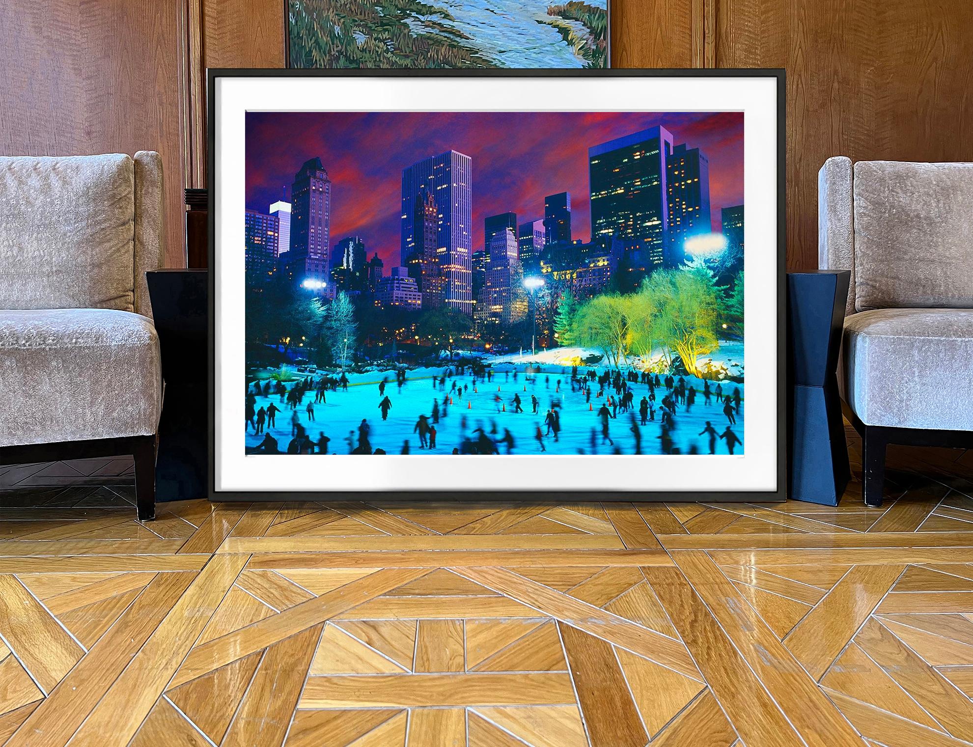  Central Park Ice Skaters at Night  Purple Sky in  New York City - Post-Impressionist Photograph by Mitchell Funk